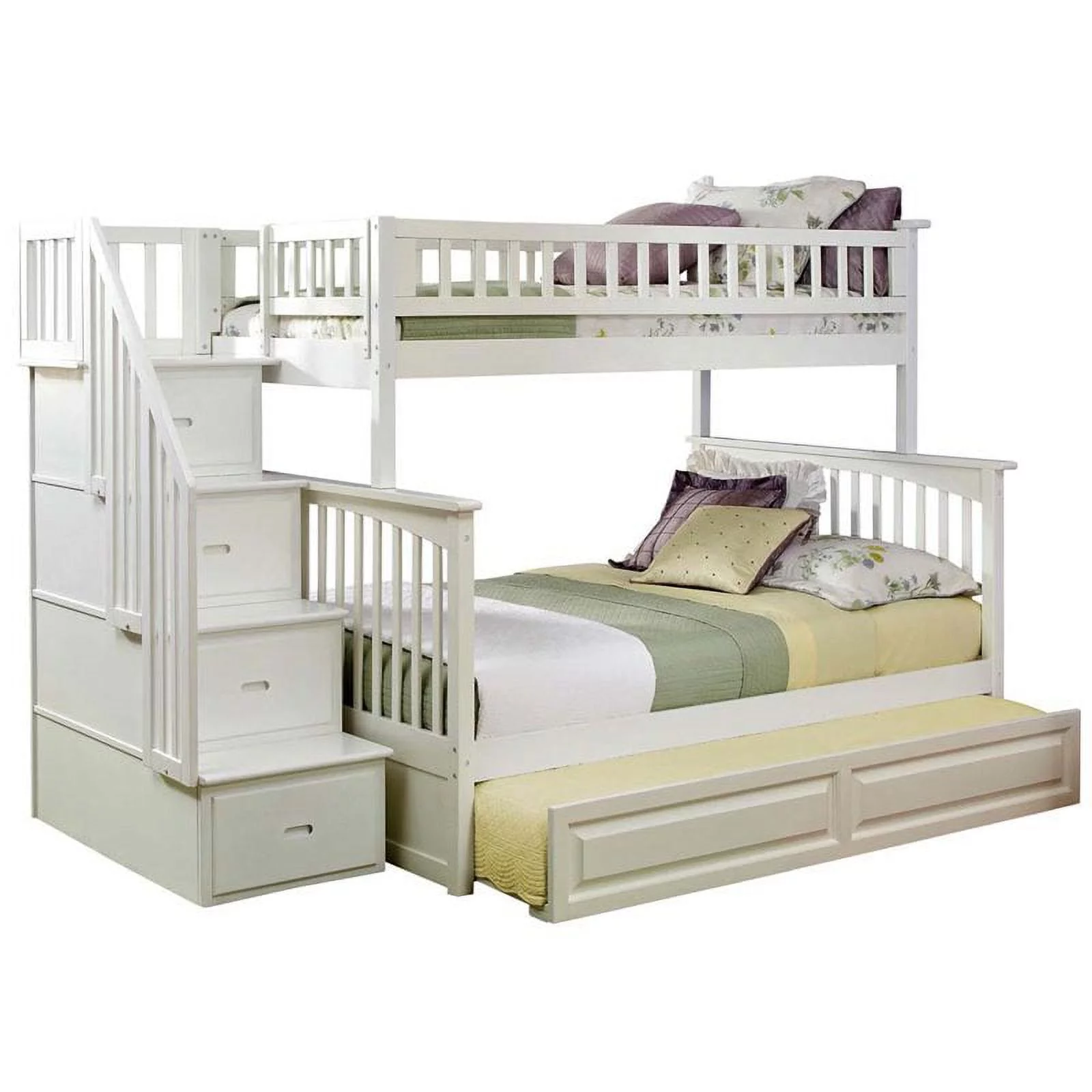 Rosebery Kids Twin over Full Staircase Bunk Bed with Trundle in White