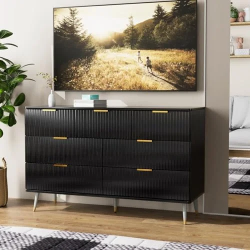 NLIBOOMLife Black Dresser for Bedroom 7 Drawer Dresser with Gold Metal Handles Wood Modern Dresser for Bedroom