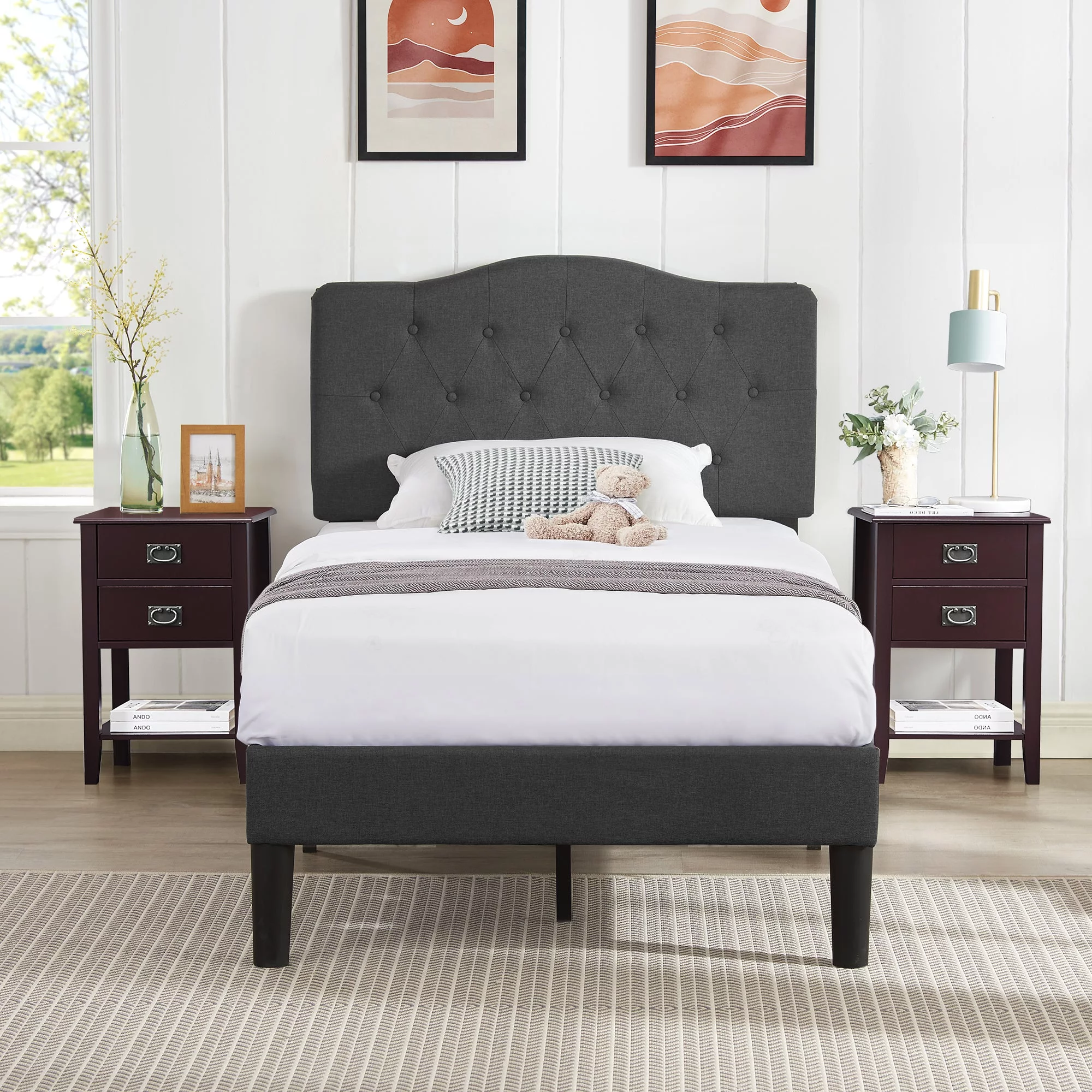 VECELO 3-Piece Bedroom Sets with Twin Upholstered Bed Frame and 2 Brown Nightstands