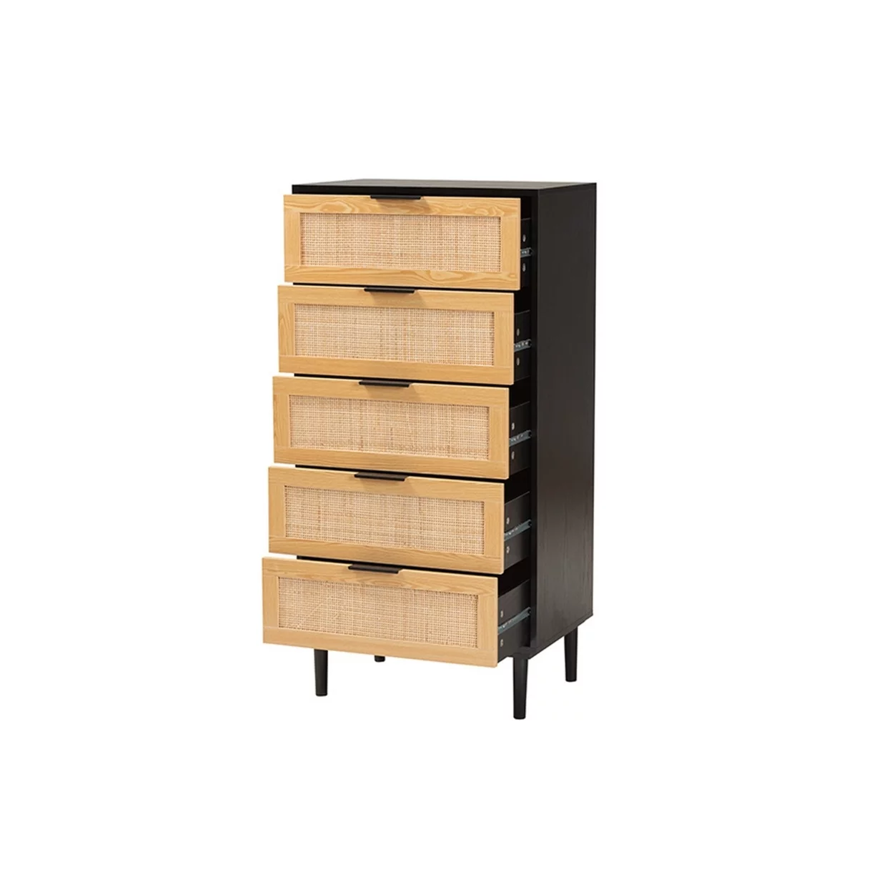 Baxton Studio Maureen Mid-Century Modern Espresso Brown Wood and Rattan 5-Drawer Storage Chest