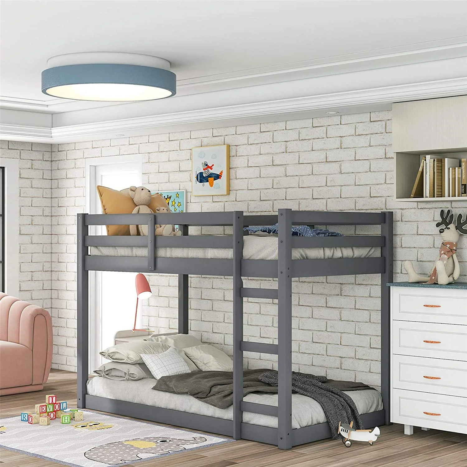 Low Bunk Beds Over, Wood Bunk Bed Frame With Safety Rail Ladder For Kids Bedroom, Gray Loft Bed For Boys Girls Toddlers, , Gray Floor Bunk