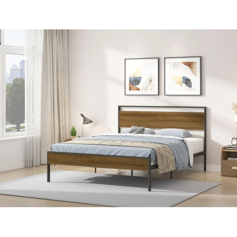 Ceres Metal Bed, Black with Cinnamon Wood Headboard & Footboard, Queen