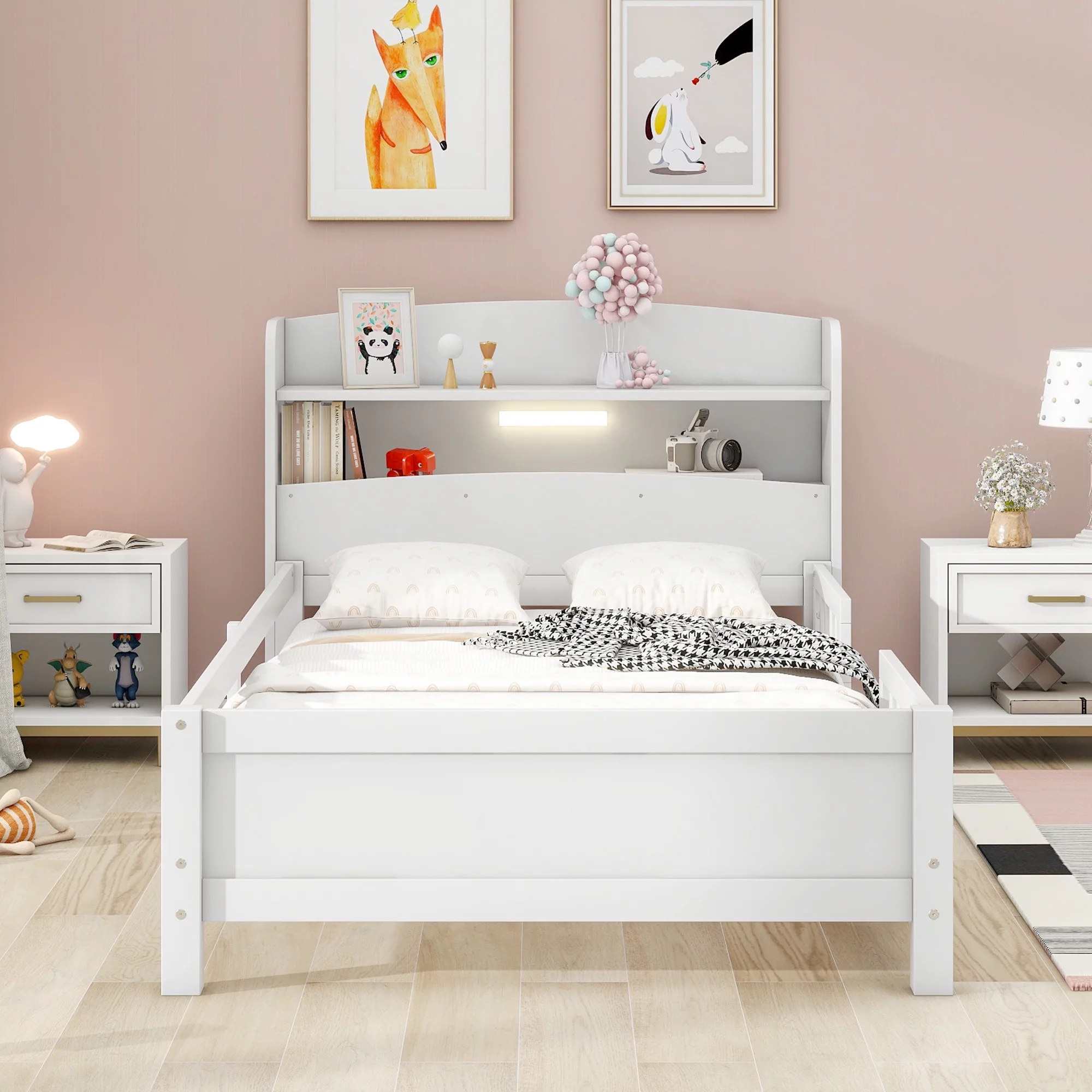 Bed Frame Wood Platform Bed with Built-in LED Light, Storage Headboard and Guardrail, Wood Slat Support Bedframe No Box Spring Need Mattress Foundation(White, Twin)