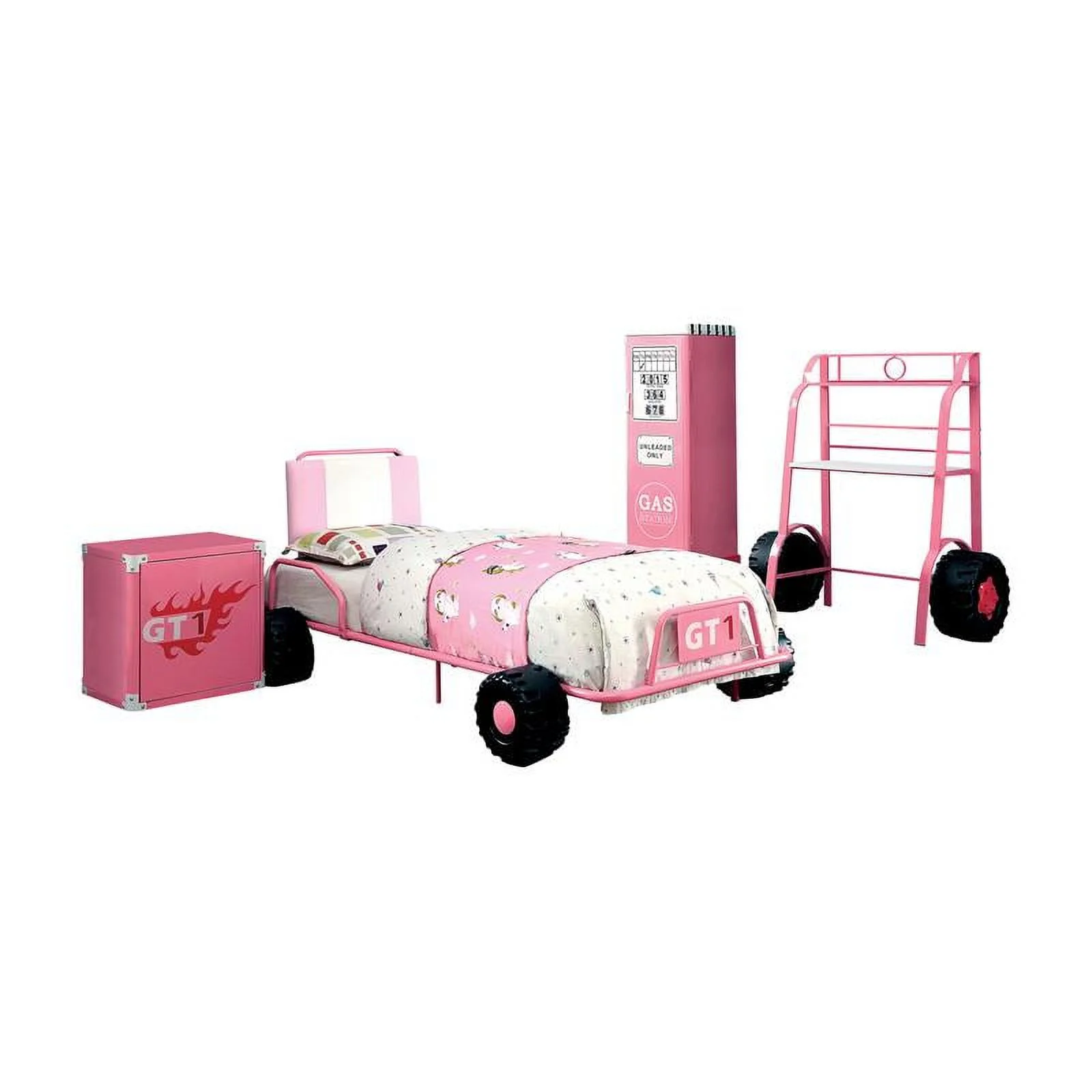 FOA Ramirez 4pc Pink Metal Youth Bedroom Set - Twin+Nightstand+Closet+Desk