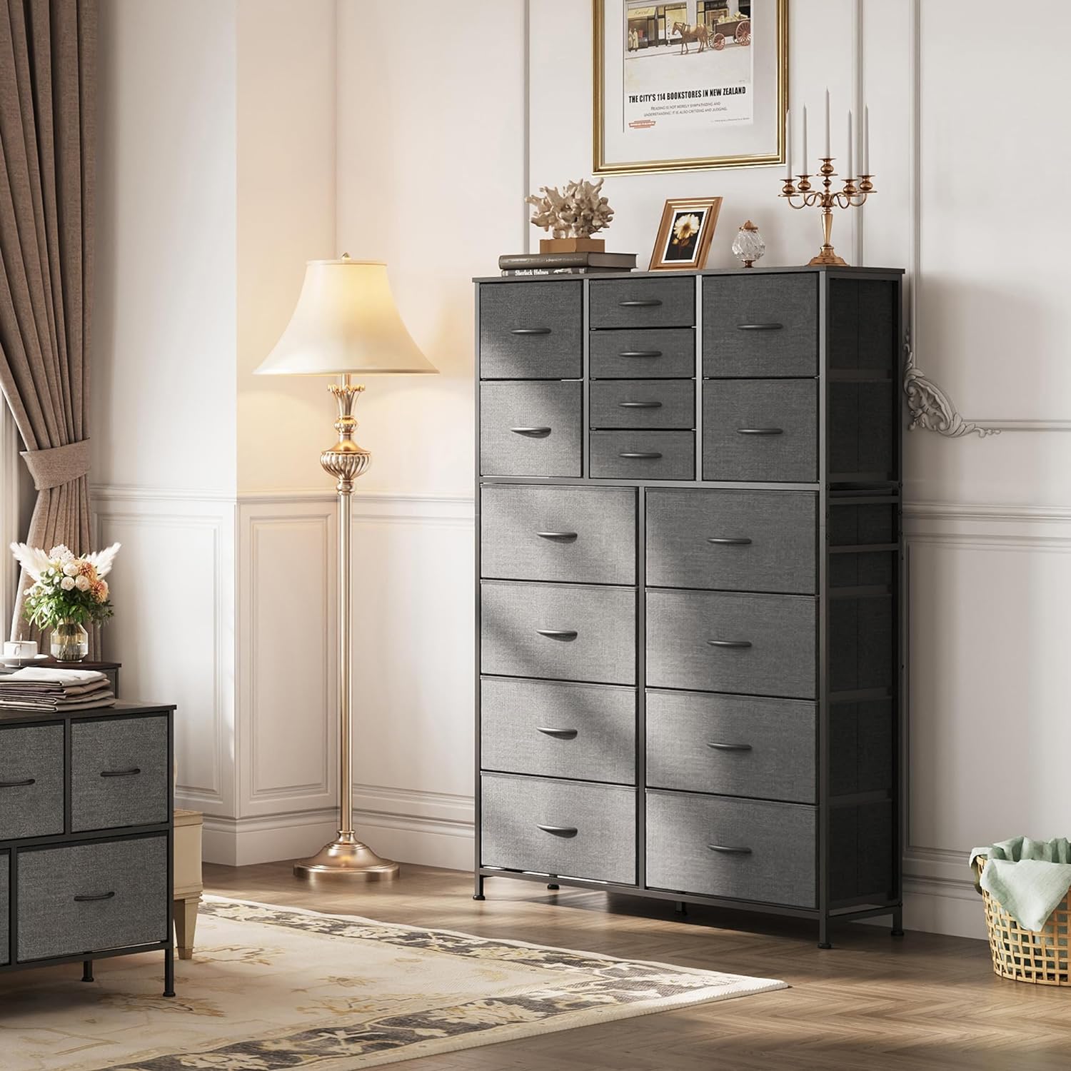 FJU 16 Drawers , Tall for Bedroom, Closet, Hallway, Storage Organizer unit, Large s & Chests of Drawers with Fabric Bins, Dark Grey