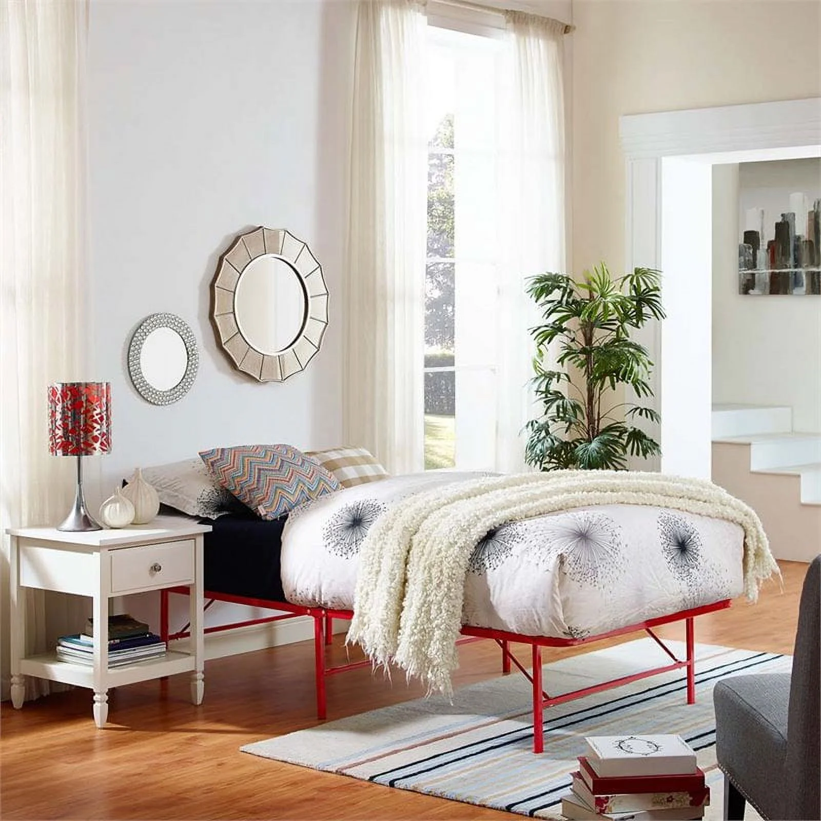 Pemberly Row Modern Stainless Steel Twin Metal Bed Frame in Red