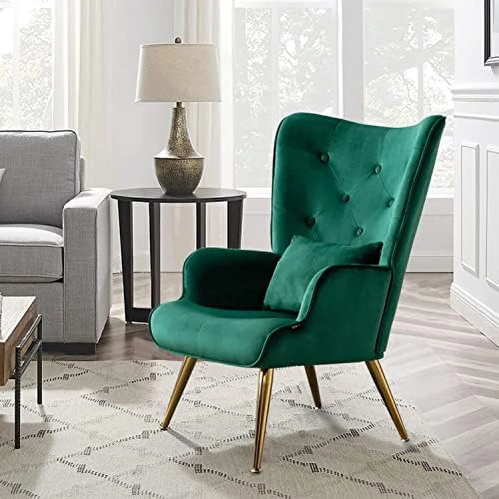 KHBIULIFE Velvet Accent Chair Tufted Lounge Chair Contour Arm Chair with Pillow for Living Room Bedroom Golden Finished Grey