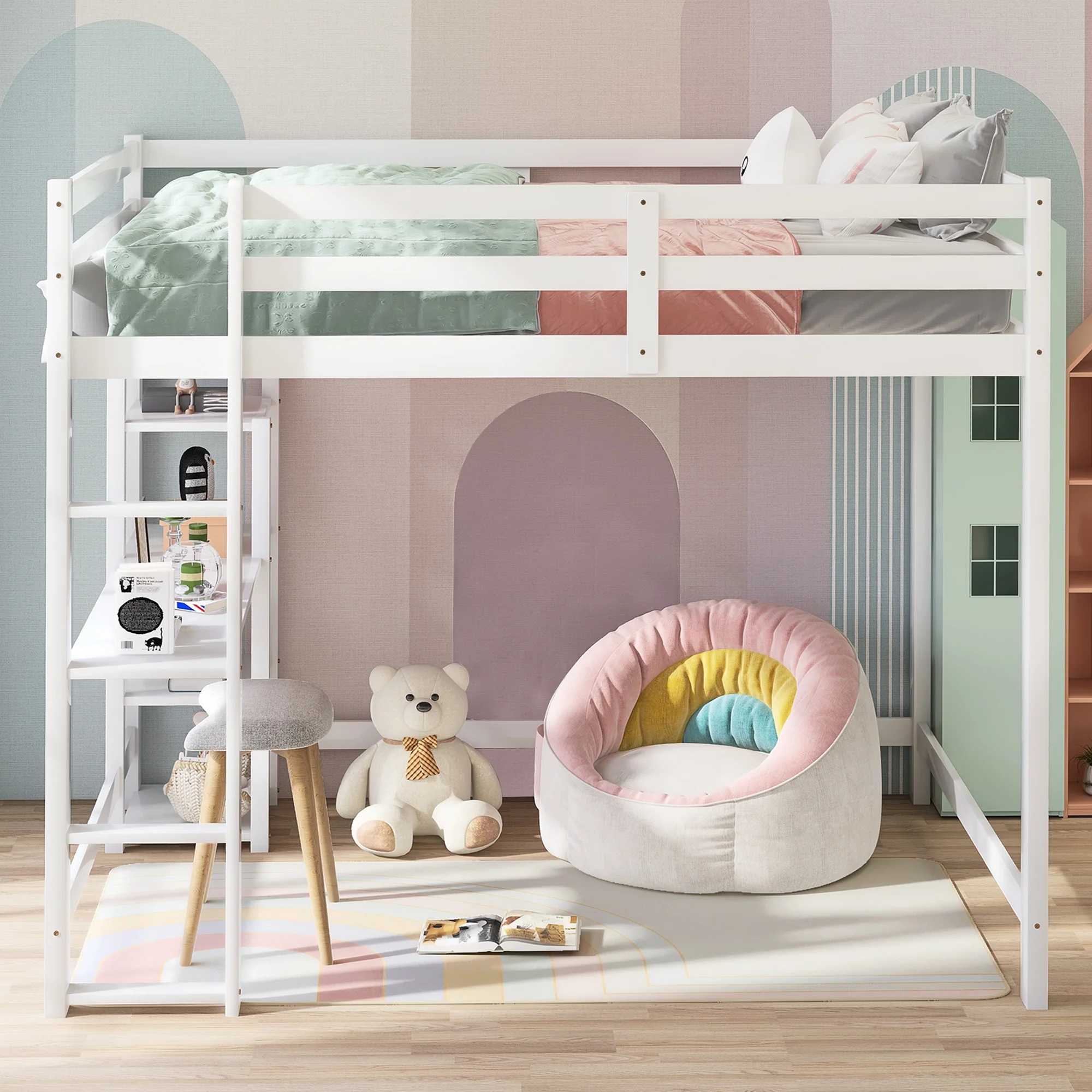 Euroco Full Loft Bed with Built-in Desk and Shelf for Kids Bedroom, White