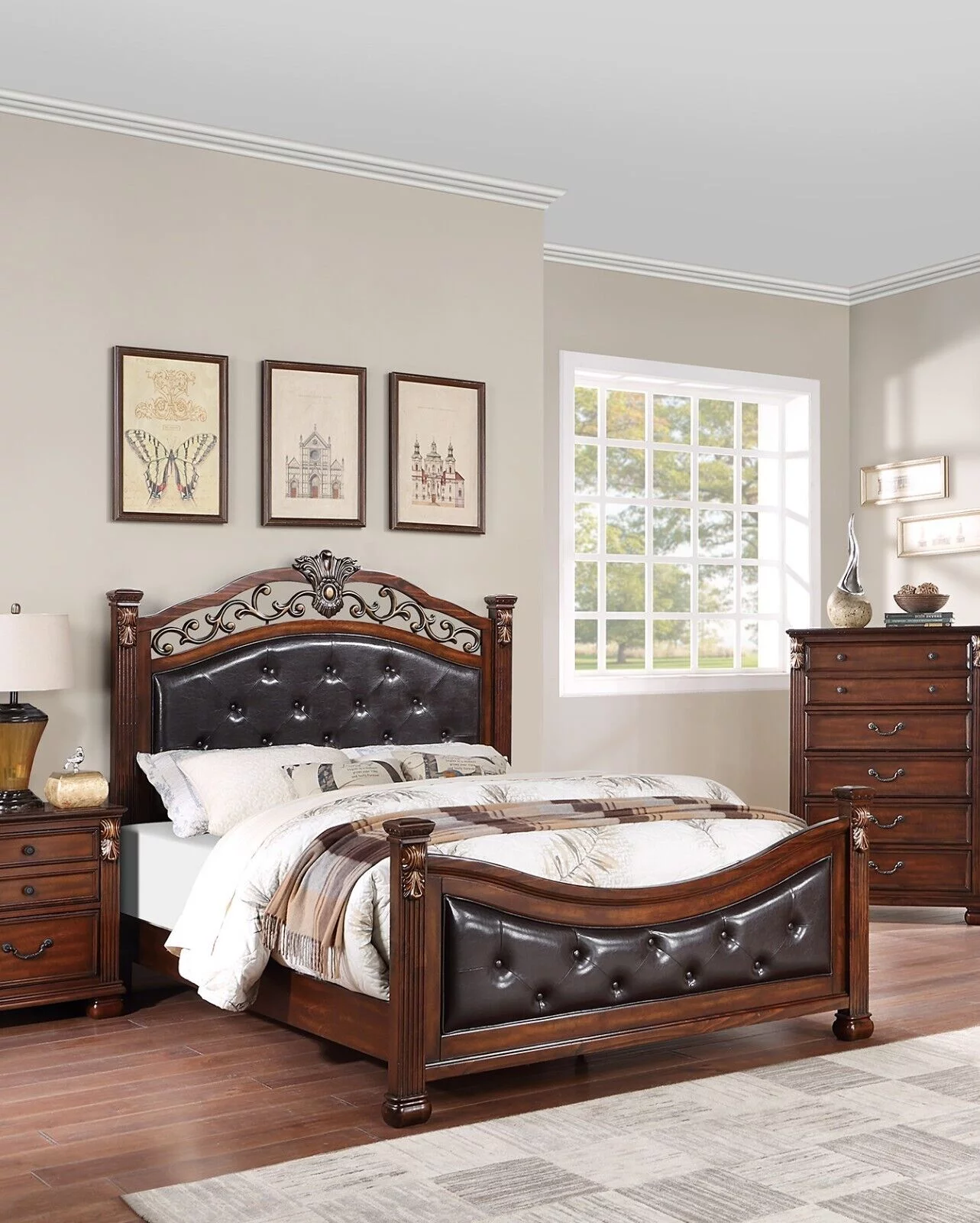 Traditional 1pc Bed Classic Brown Finish Est king Size Bed Posts Tufted Headboard Antique Carved Design Bedroom Furniture Wood