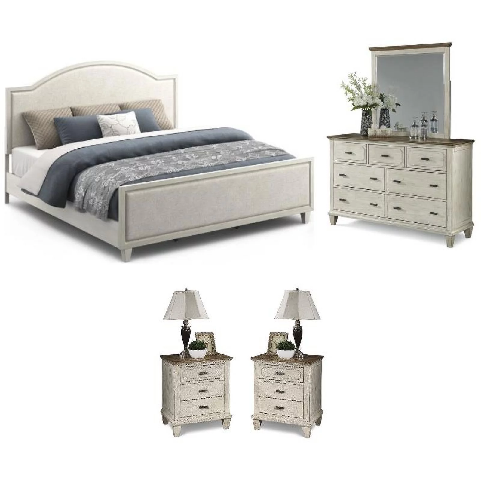 Home Square 4-Piece Set with King Bed & 2 Nightstands with 3 Drawers & Dresser