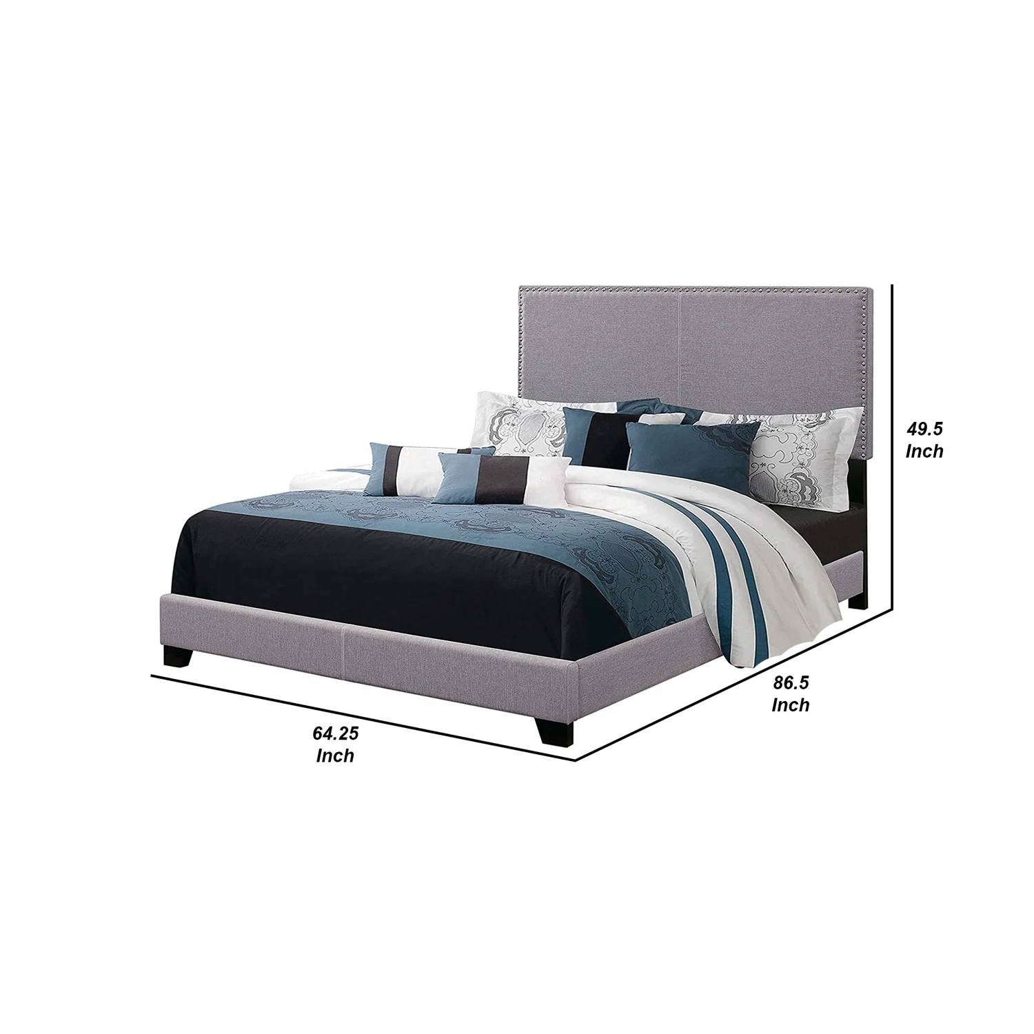 Benzara Fabric Upholstered Queen Size Platform Bed with Nail Head Trim, Gray