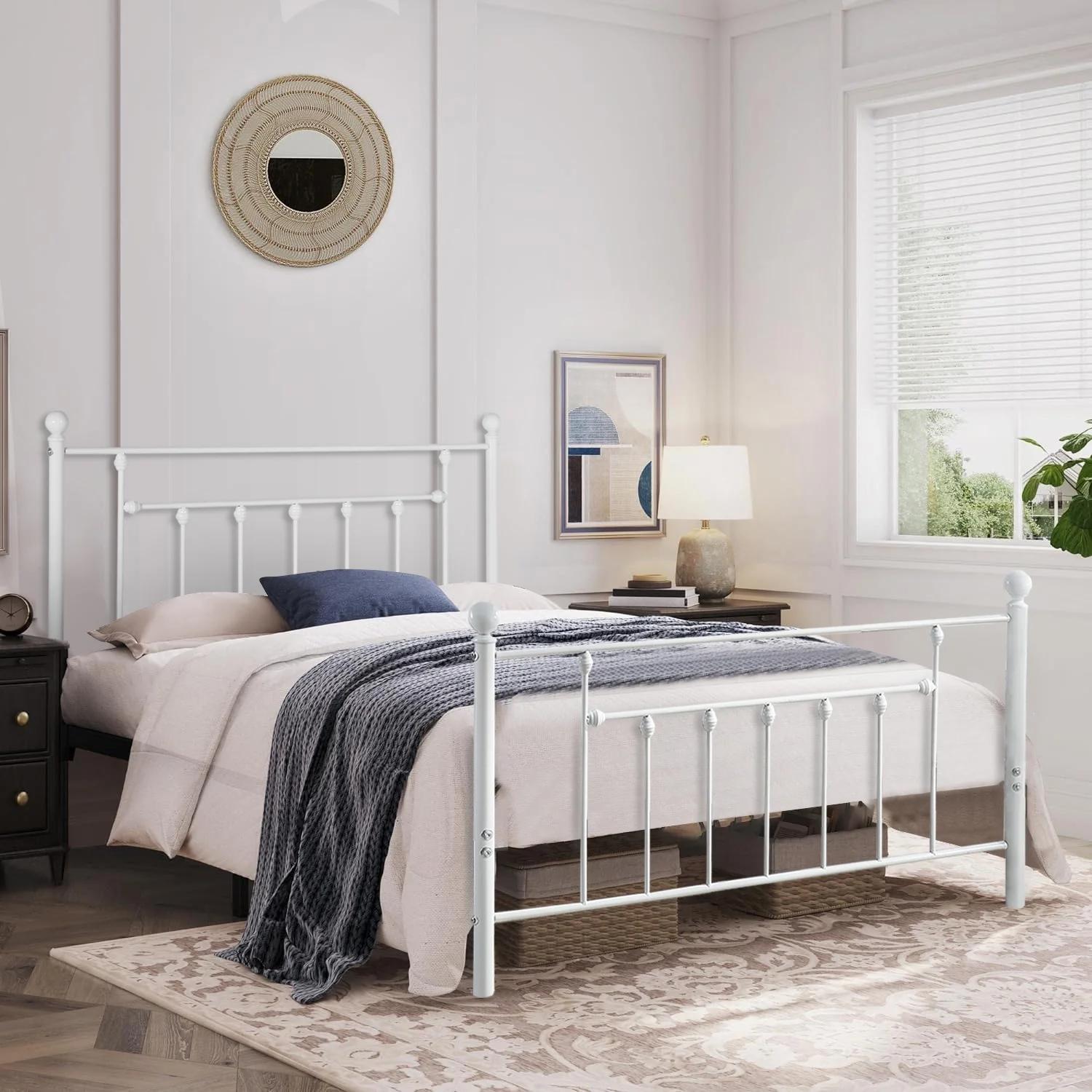 VECELO Queen Size Metal Platform Bed Frame with Headboard & Footboard, Modern Bed Frames for Adults Teens Kids Bedroom, No Box Spring Needed, White