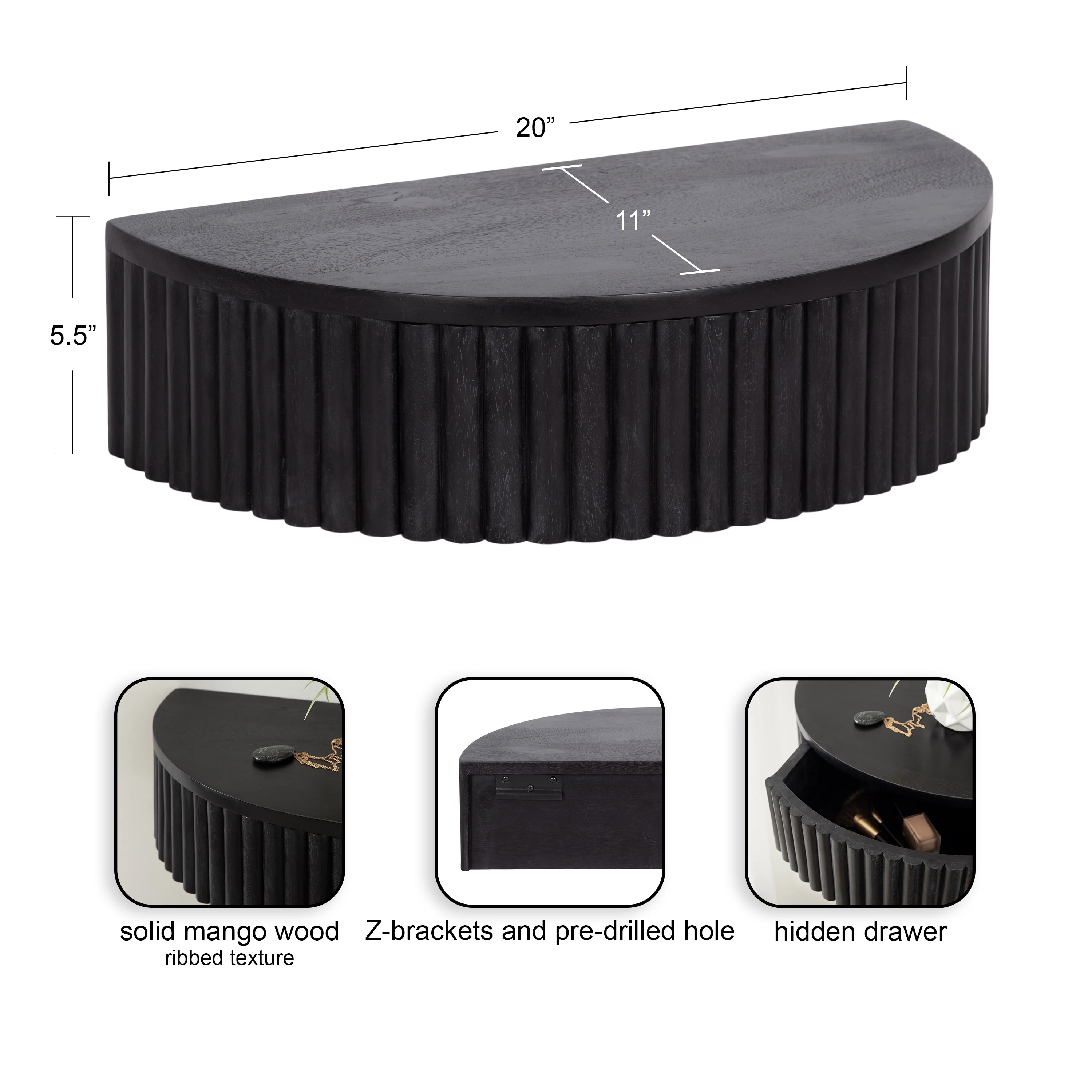 Kate and Laurel Reid Ribbed Wooden Floating Side Table, 20 x 11 x 6, Black, Modern Wood Floating Nightstand with Drawer for Extra Storage and Added Functionality