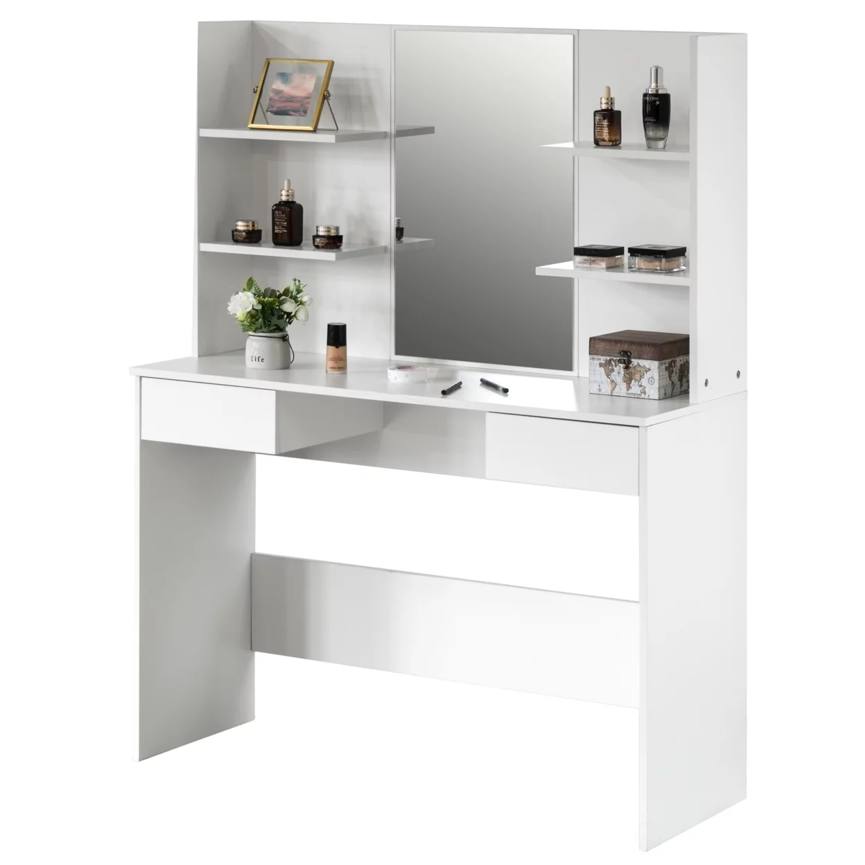 Modern Wooden Dressing Table with Drawer, Mirror and Shelves for The Dining Room, Entryway and Bedroom