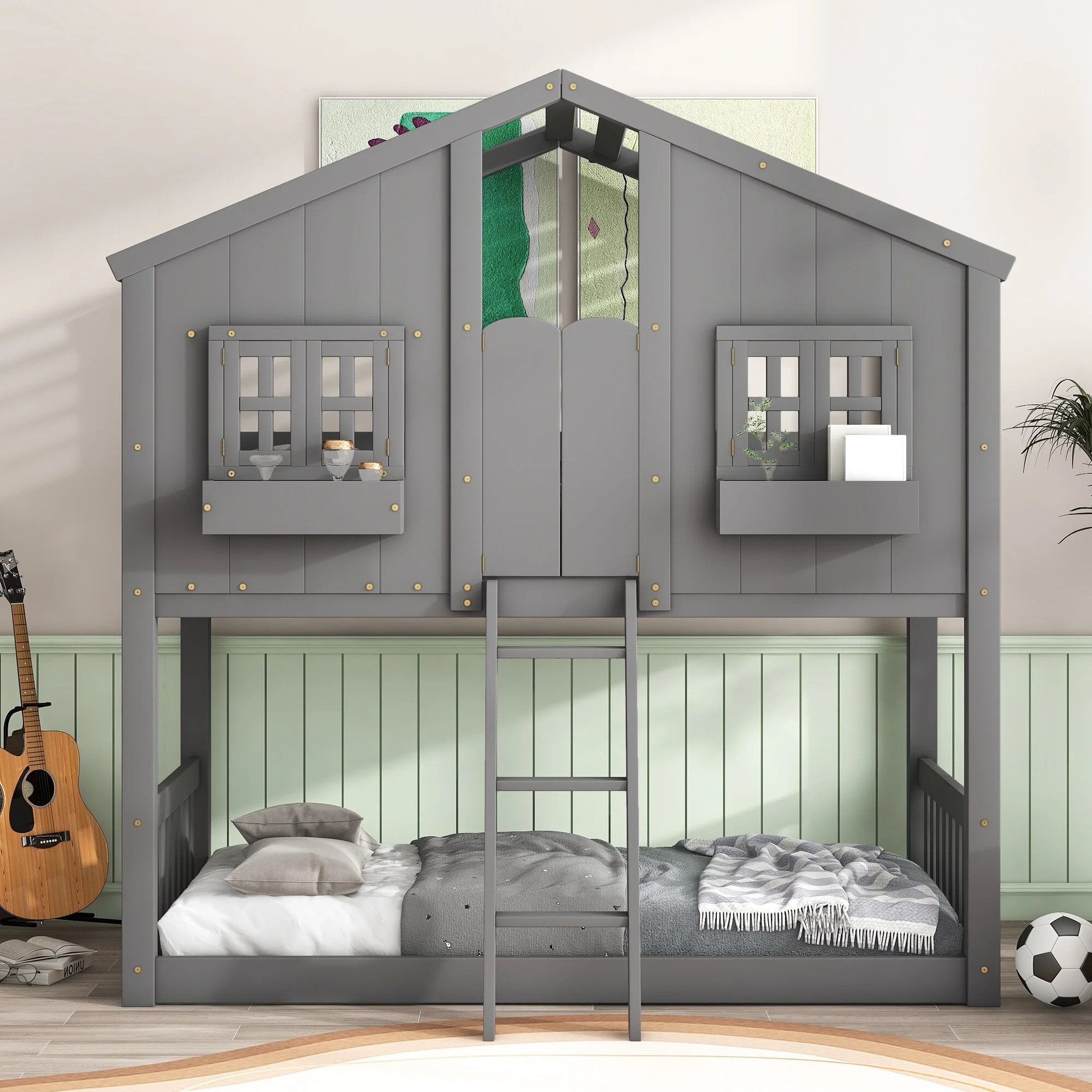 Pine Twin over Twin House Bunk Bed with Roof, Window, Window Box, Door, with Safety Guardrails and Ladder Gray