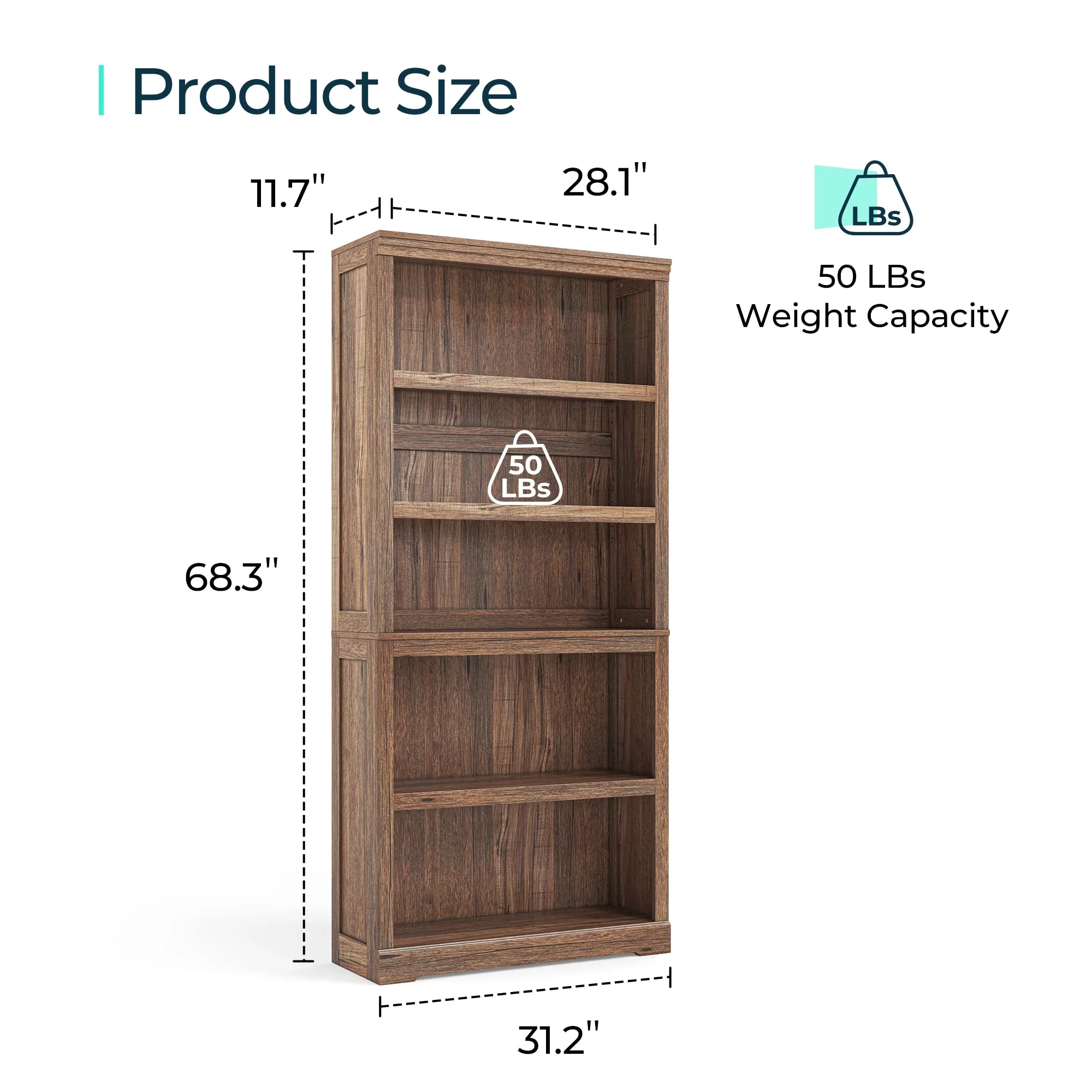 LINSY HOME 5-Shelf Bookcase, Bookshelves Floor Standing Display Storage Shelves 68 in Tall Bookcase Home Decor Furniture for Home Office, Living Room, Bed Room - Dark Brown