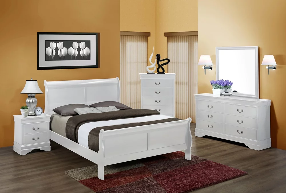 Traditional Classic 5pc Full Panel Bed Dresser Mirror Nightstand Set White Finish Wooden Bedroom Furniture