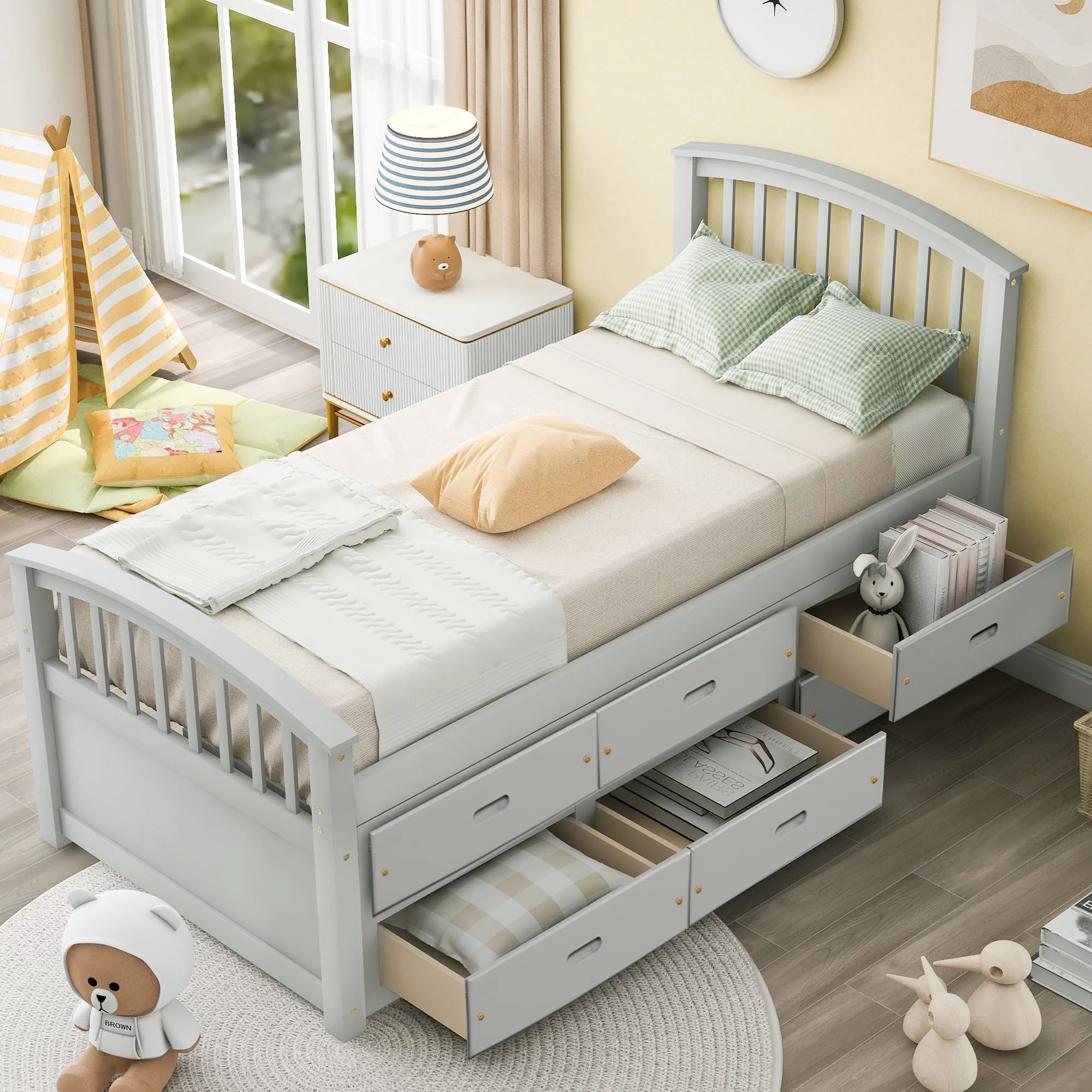 ZPL Solid Wood Twin Size Bed Frame with 6 Drawers, Wooden Twin Size Mattress Platform Base Bed Platform for Bedroom