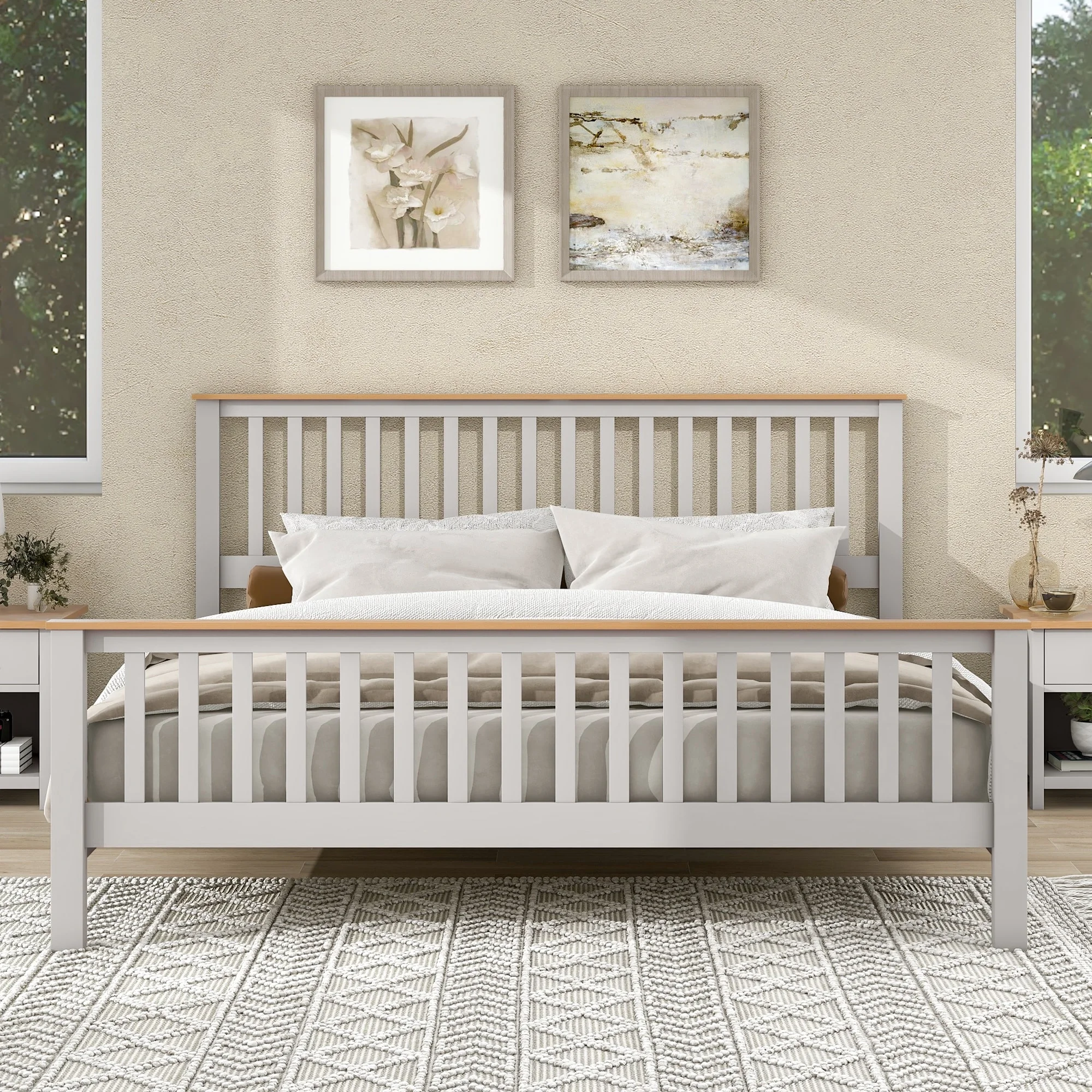 Wood Platform Bed with Headboard and Footboard, Solid Wood Single Bed Fram with Wood Slat Support, for Kids Teens Adults Grey - King