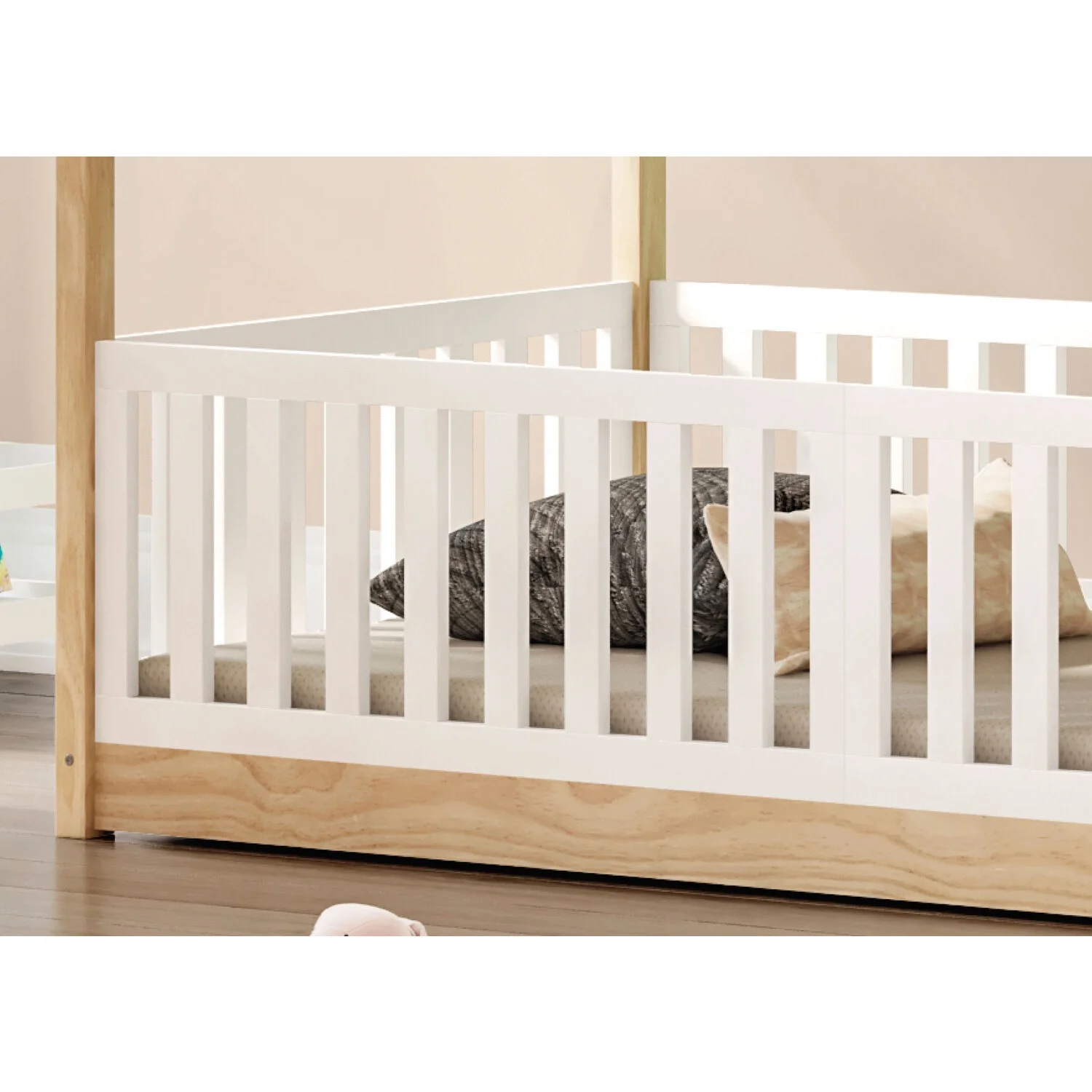 Homestock Contemporary Chic Twin Over Twin Solid Wood Low Loft Bunk Bed with Guardrail, Natural White