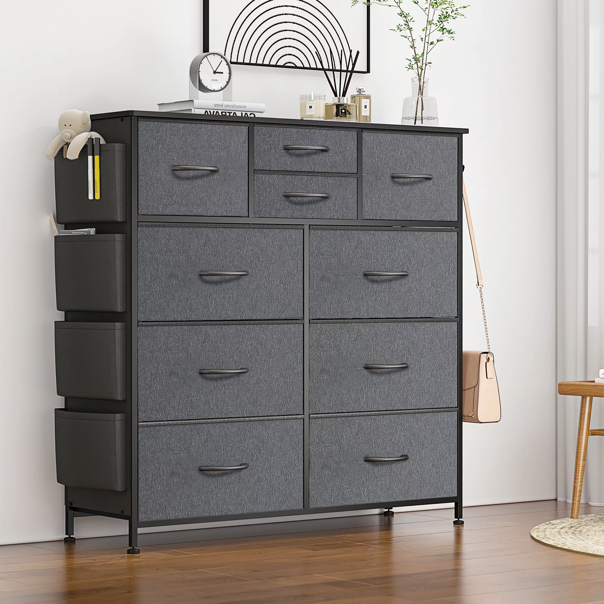 GIKPAL 10 Drawers Dresser, Dresser for Bedroom Chest of Drawers Fabric Dressers with Wood Top Sturdy Steel Frame, Gray