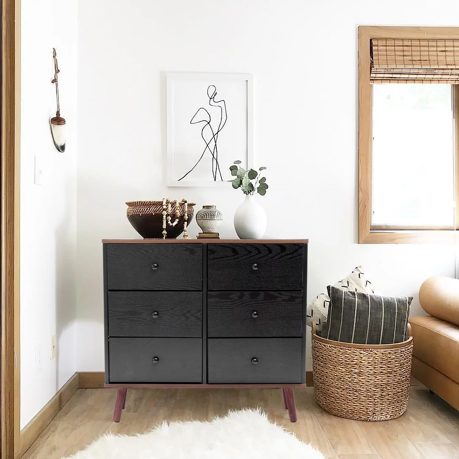 LuxenHome Black Manufactured Wood 6-Drawer Accent Chest