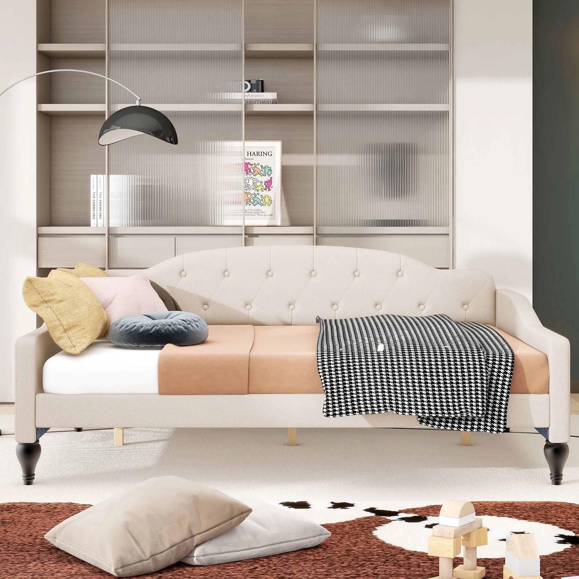 Elegant Design Upholstered Tufted Full Size Daybed with Stable and Durable, Wood Day Bed for Office/Living Room/Bedroom, Sturdy Slats Support Linen Sofa Bed for Teens Adults