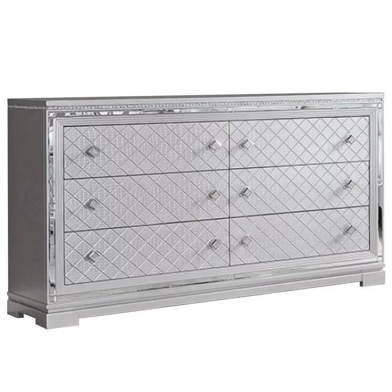 Benjara BM300500 62 in. Crossed Design & Blex Wide Dresser Chest with 6 Drawers, Silver
