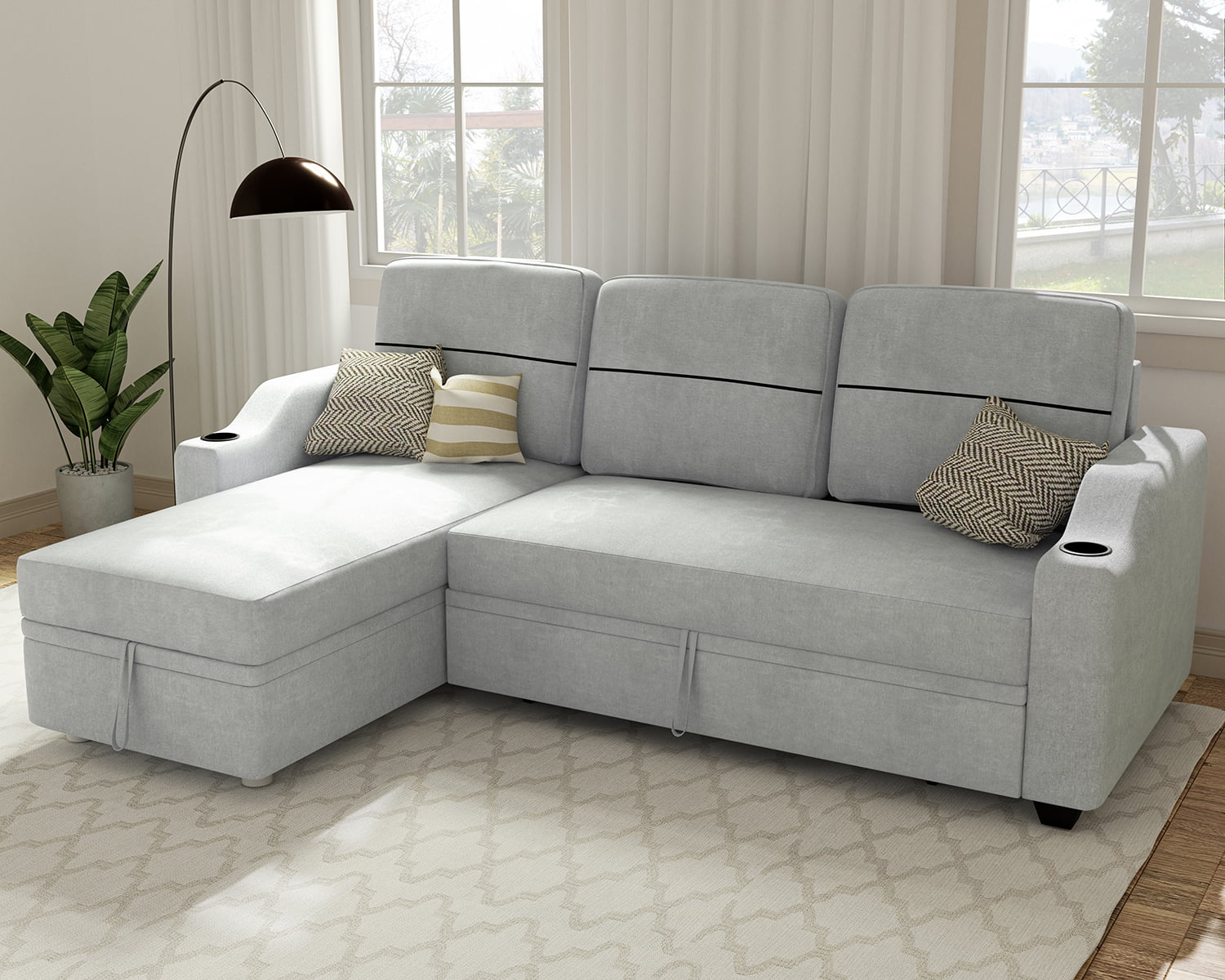 Ucloveria Pull Out Sectional Sofa Bed with Storage Chasie, Cup Holder. 82'' Modern L-Shape Living Room Couch Sofa