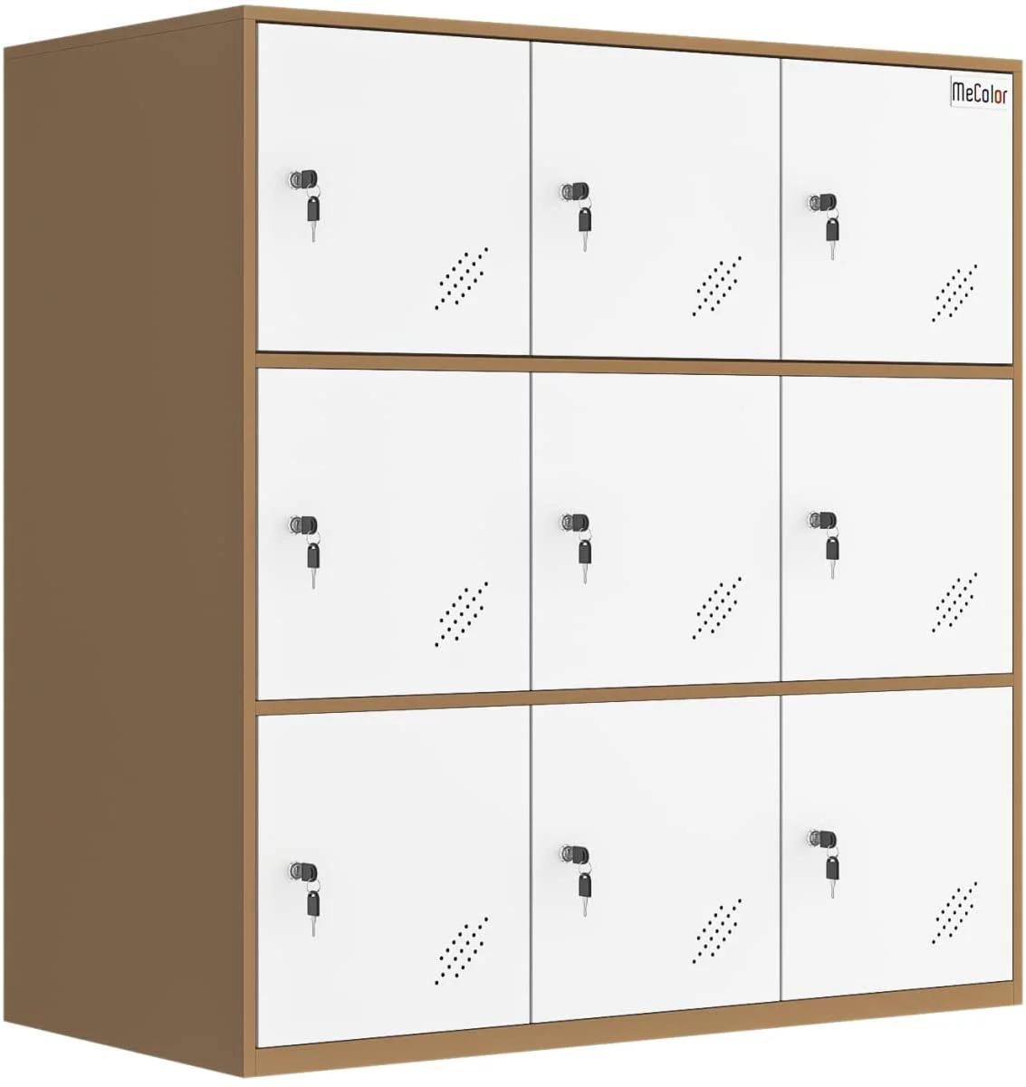 MECOLOR Shool and Home Locker Cabinet Organizer Storage 9 doors Brown body with white door wall mouted type