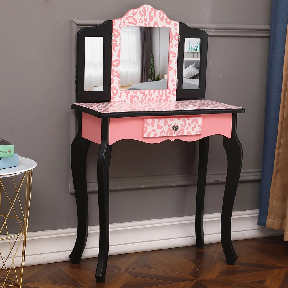 BMTBUY Three-Fold Mirror Single Drawer Arc Feet Children Dresser Red Leopard Print