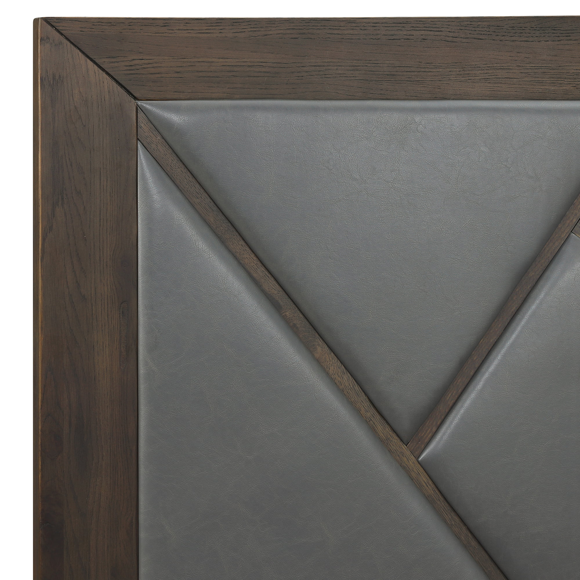 Marquis King Size Platform Bed Frame in Oak Wood with Faux Leather Headboard and Black Metal Legs