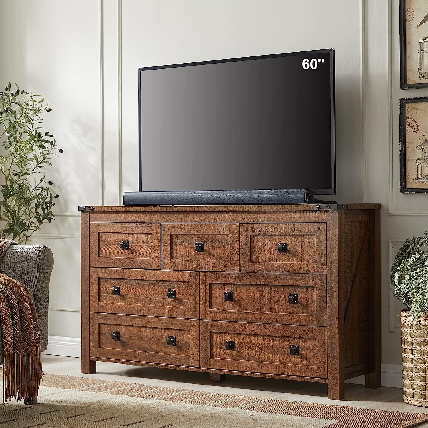 Farmhouse 6 Drawers Dresser Chests for Bedroom Wood Rustic Wide Chset of Drawers Storage Dressers Organizer for Bedroom Living Room Hallway Light Rustic Oak