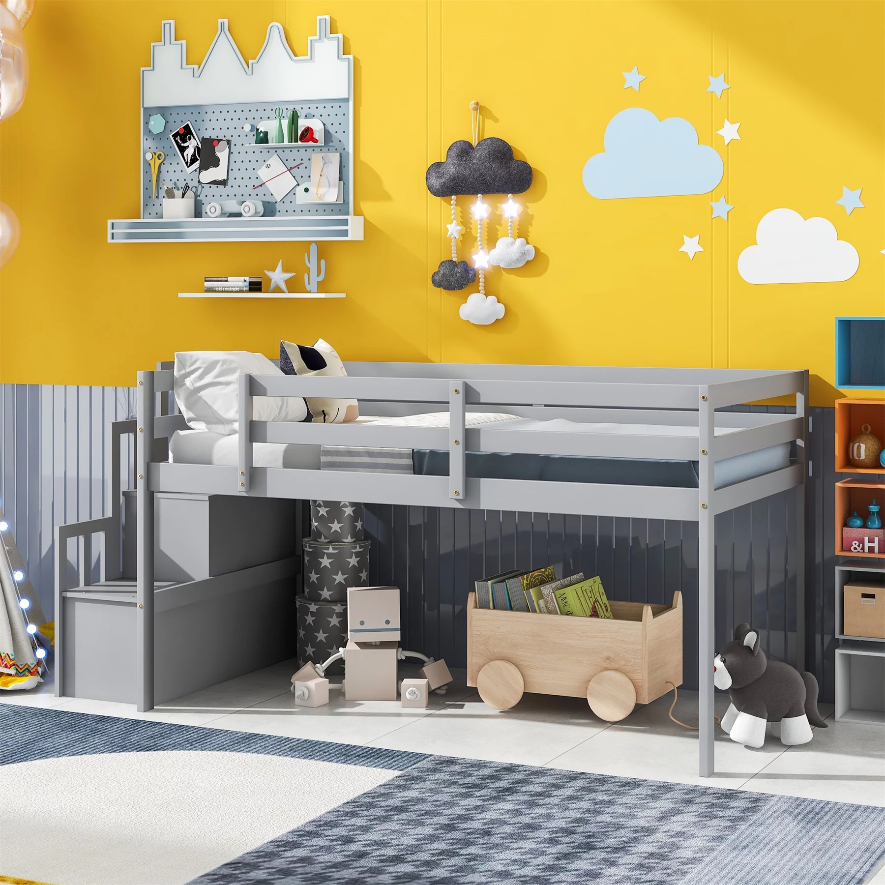 Low Twin Loft Bed Wood Loft Bed Frame for Kid's Rooms, Twin loft bed with Stairs Storage function and Safety Rails, for Kid Boys Girls Teens, Gray