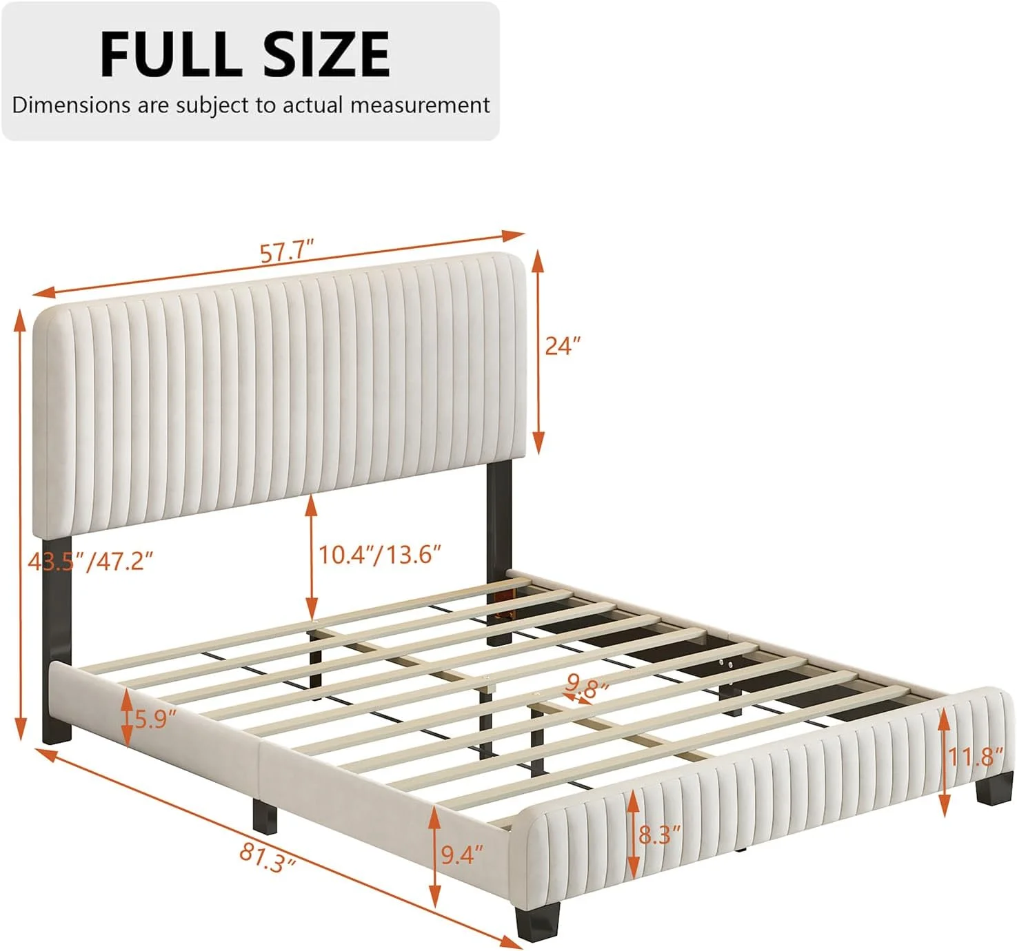 Full Size Bed Frame with Vertical Channel Tufted Wingback Headboard,Platform Upholstered in Velvet Fabric,Mattress Foundation Wooden Slats & Metal Support,Easy Assembly