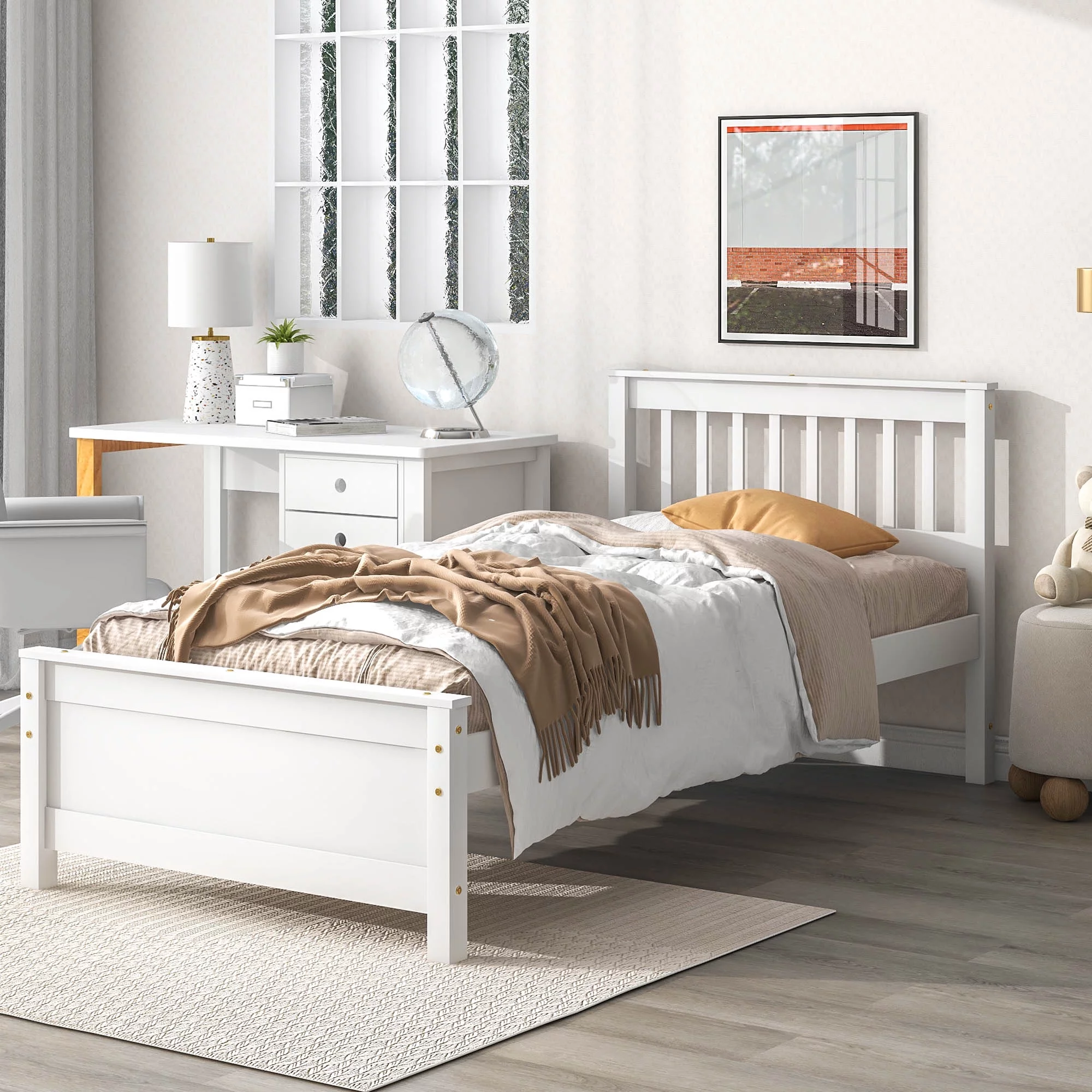 Royard Oaktree Twin Size Wood Bed Frame with Headboard and One Nightstand 2-Pieces Bedroom Set with Twin Bed and Nightstand, White