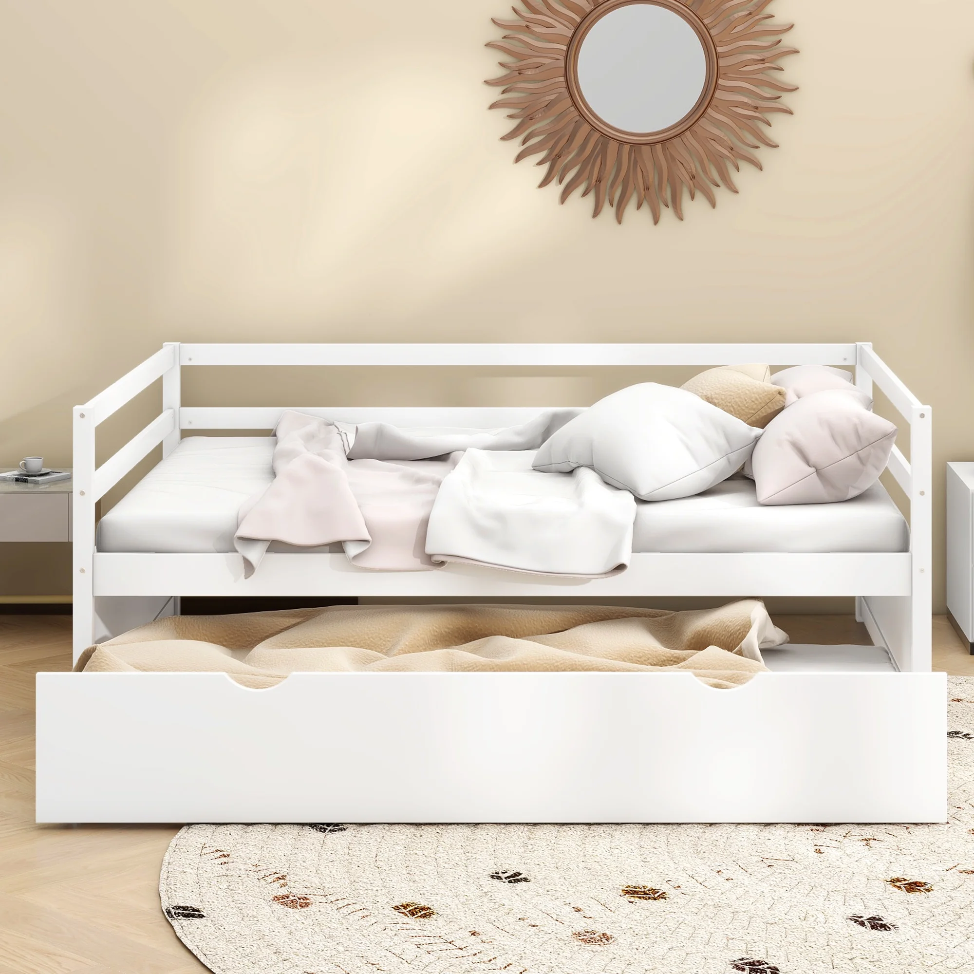 Euroco Twin Size Daybed with Twin Trundle Bed for Kids Teens Adults, White