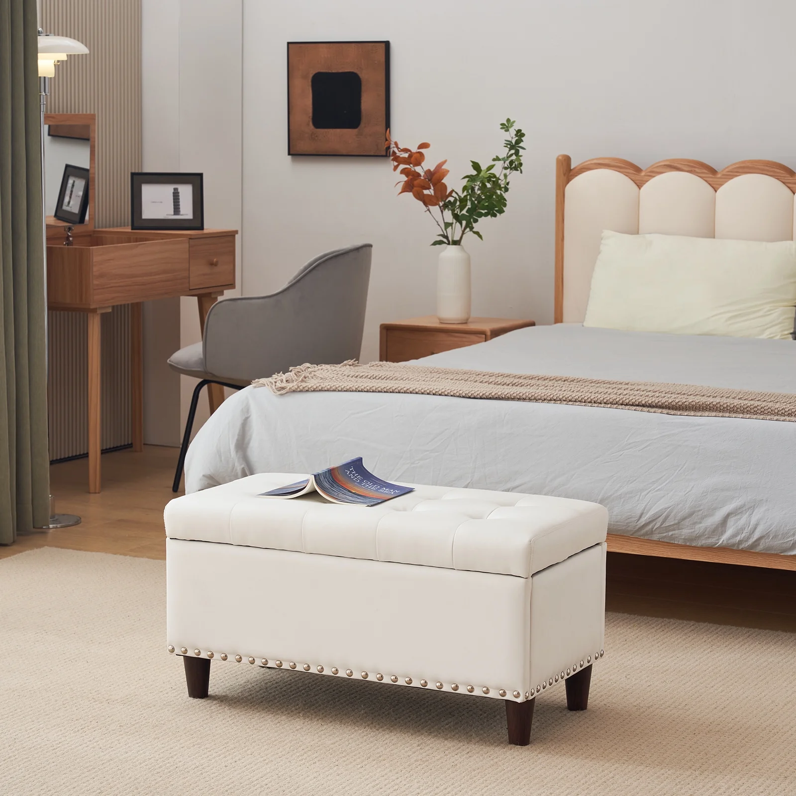 iRerts Storage Ottoman Bench, 31.5 Inches Entryway Bench with Storage, PU Upholstered End of Bed Ottoman Bench with Storage and Seating, Storage Bench for Bedroom Living Room Hallway, Off-White