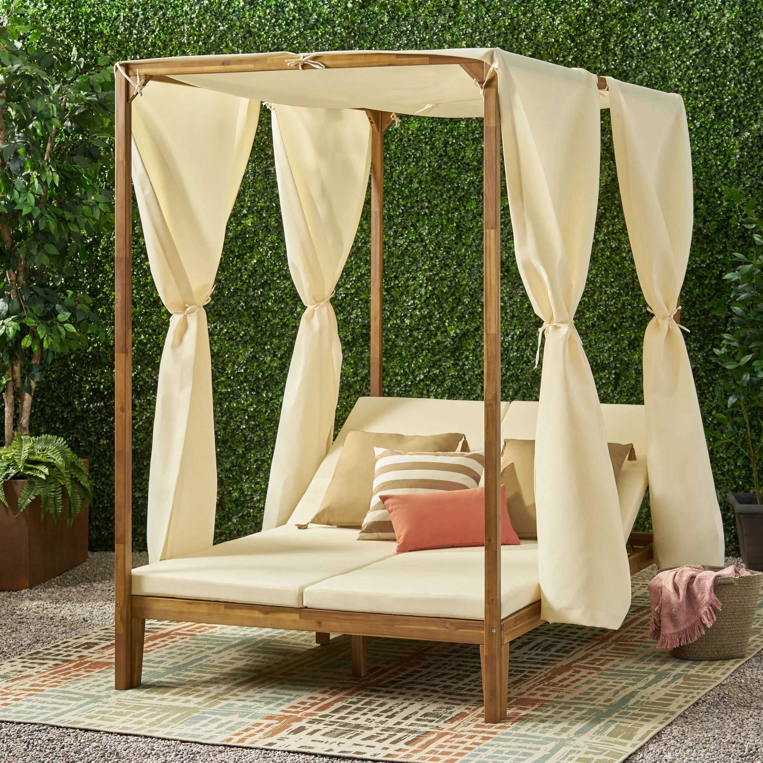 Christopher Knight Home Kinzie Outdoor 2-seat Adjustable Acacia Daybed w/ Curtains by  - 51.25