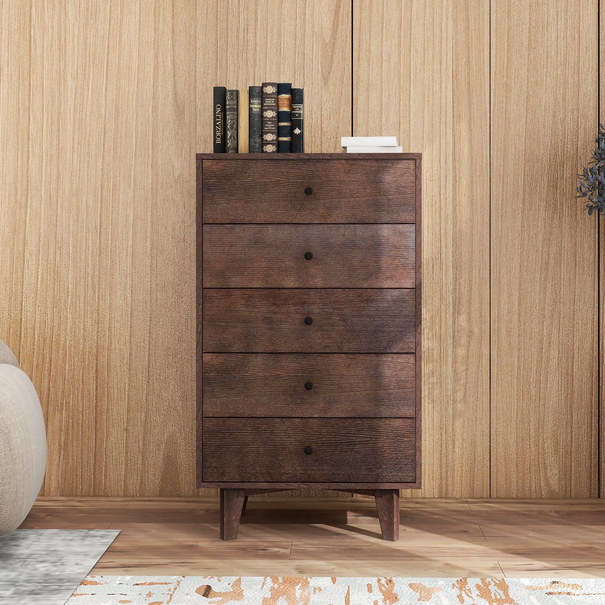 HIUU Tall Dressers for Bedroom,Modern 5 Dressers,Natural Wood Dresser,Wooden Chest of Drawers for Bedroom,Dark Brown