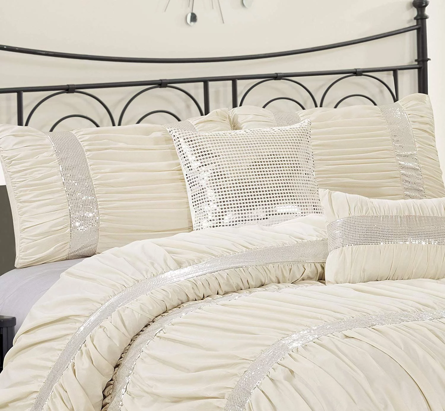 Unique Home 7 Piece CLARAITA Chic Ruched Pleated Bed In A Bag Clearance bedding Comforter Duvet Set Fade Resistant, Super Soft, All Size-Queen King Cal.King Size (Queen, Ivory)