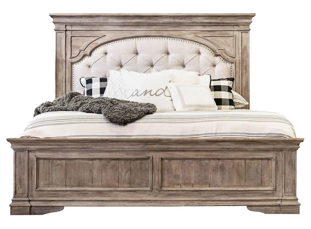 Highland Park Solid Wood Driftwood Gray Upholstered Panel Queen Bed