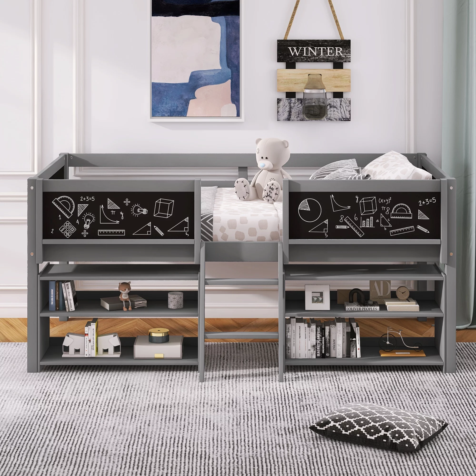 Euroco Wood Twin Loft Bed with Chalkboards for Bedroom, Low Profile Bed with Blackboard and Shelves, Gray