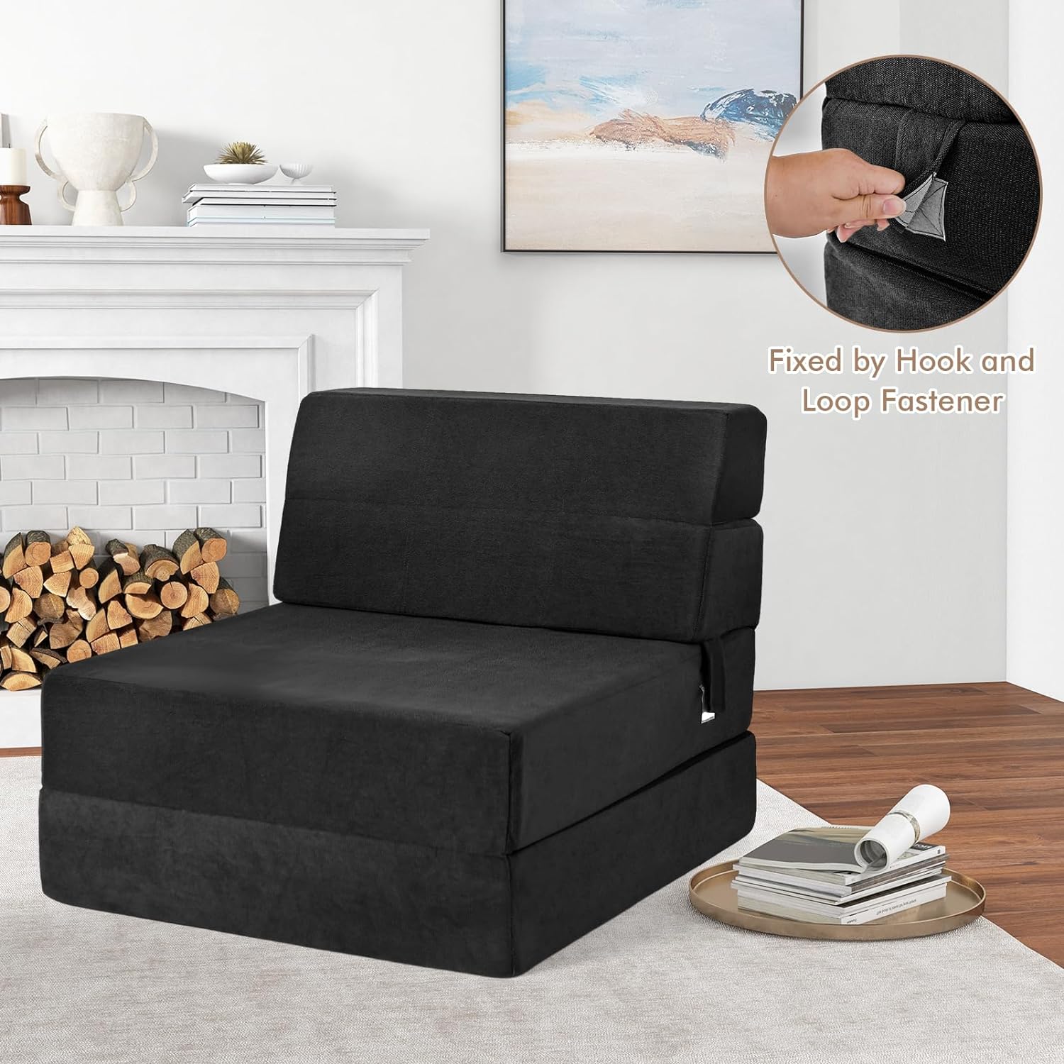 MMQ Folding Sofa Bed Chair - 3-in-1 Convertible Couch Sleeper, Floor Futon Couch w/Removable Cover & Full Padded Foam, Fabric Guest Sleeper Chair for Living Room, Study, Apartment (Black)