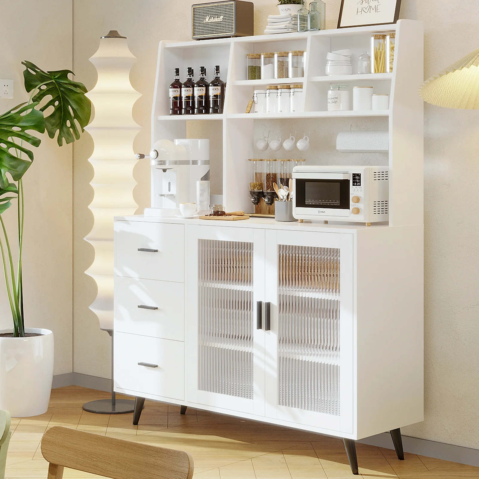 RichYa Kitchen Hutch Storage Cabinet, Freestanding Kitchen Pantry with Glass Doors and 3 Drawers for Dinning Room, Living Room, White