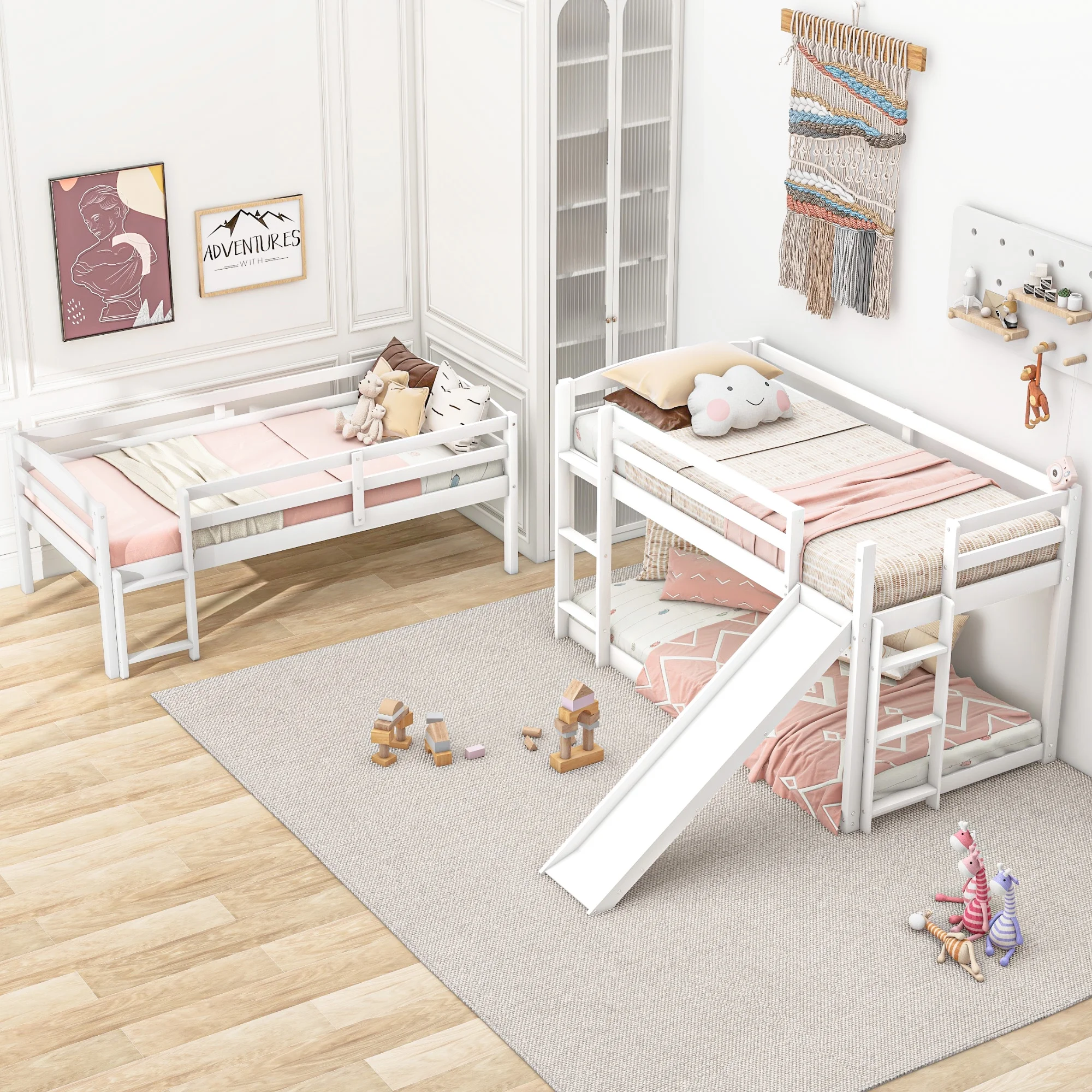 CoSoTower Twin Over Twin Over Twin Adjustable Triple Bunk Bed with Ladder and Slide, White