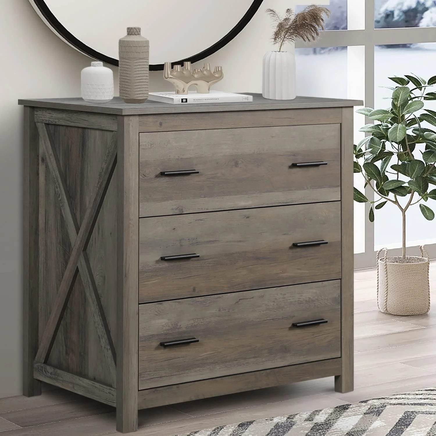 Wooden Chest of Drawer - 3 Drawer Dresser for Bedroom, Farmhouse Dresser, Storage Drawers for Bedroom, Nursery, Living Room, Hallway, Entryway Organizer, Grey