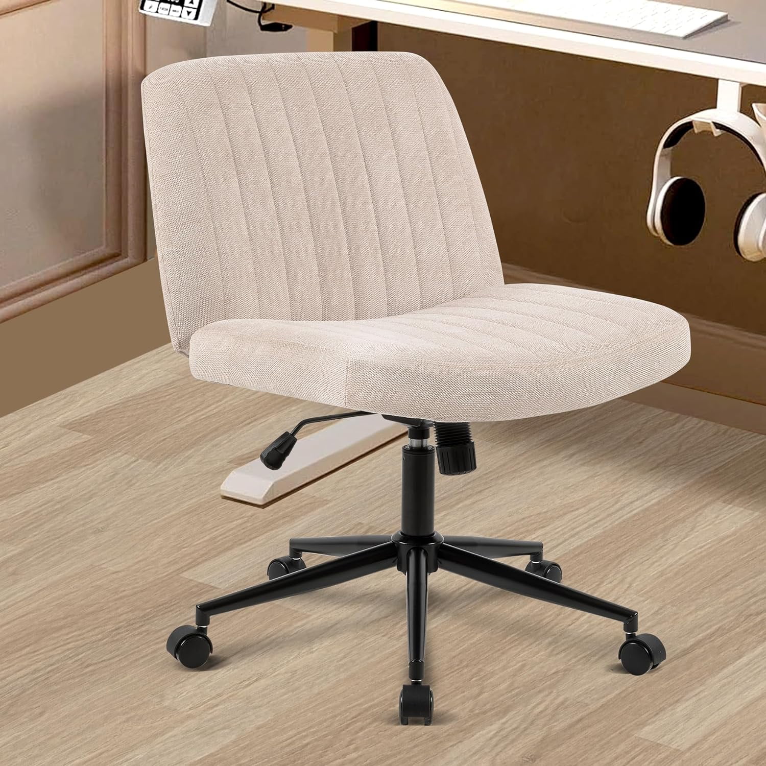 Home Office Desk Swivel Chair with Wheels Armless, Fabric Padded, Height Adjustment, 120° Rocking, Cross Legged Chair wide for Office, Home, Small Space, Bedroom, Vanity Chair for Make up, Beige