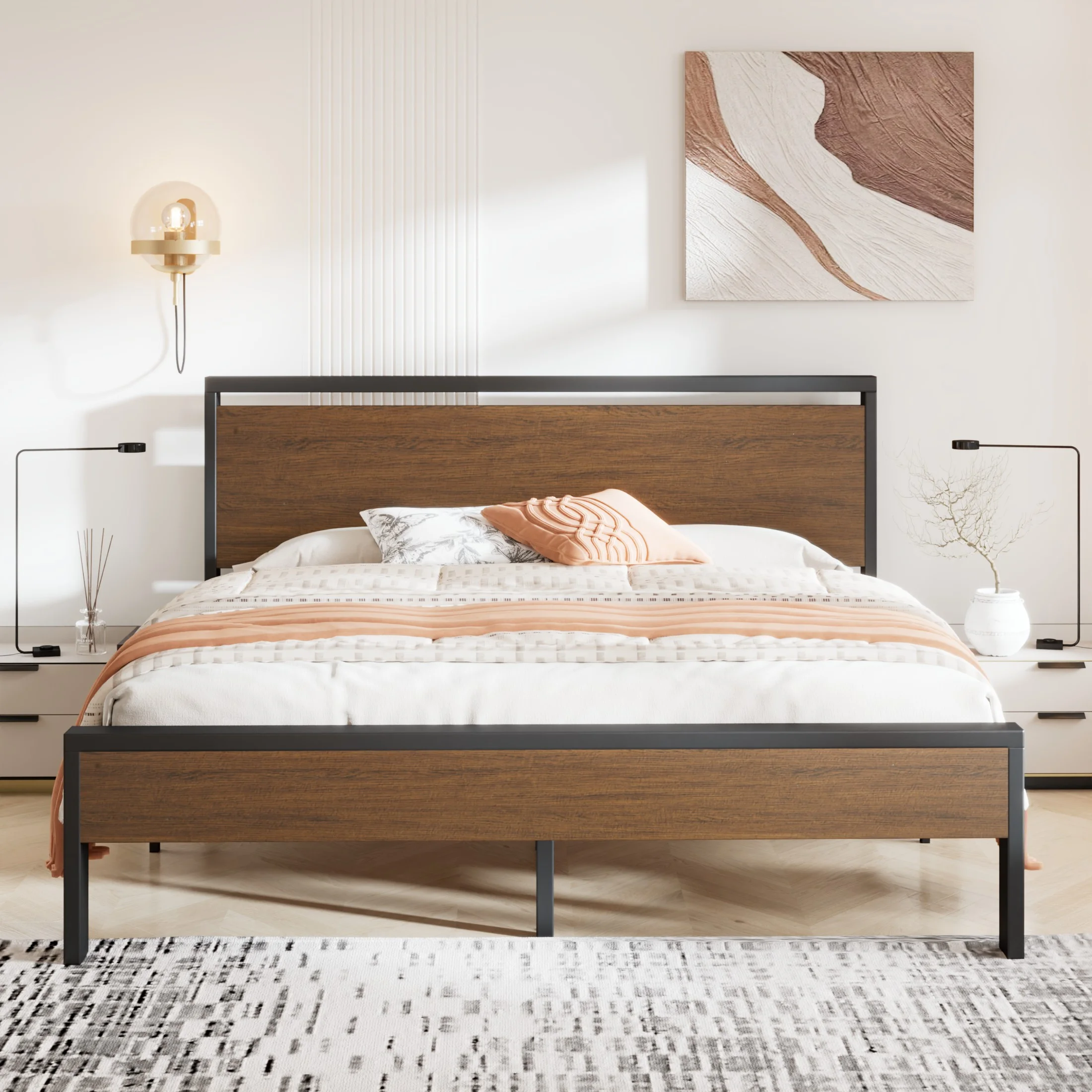 Sha Cerlin Walnut King Size Metal Platform Bed Frame with Wooden Headboard & Footboard, Adult