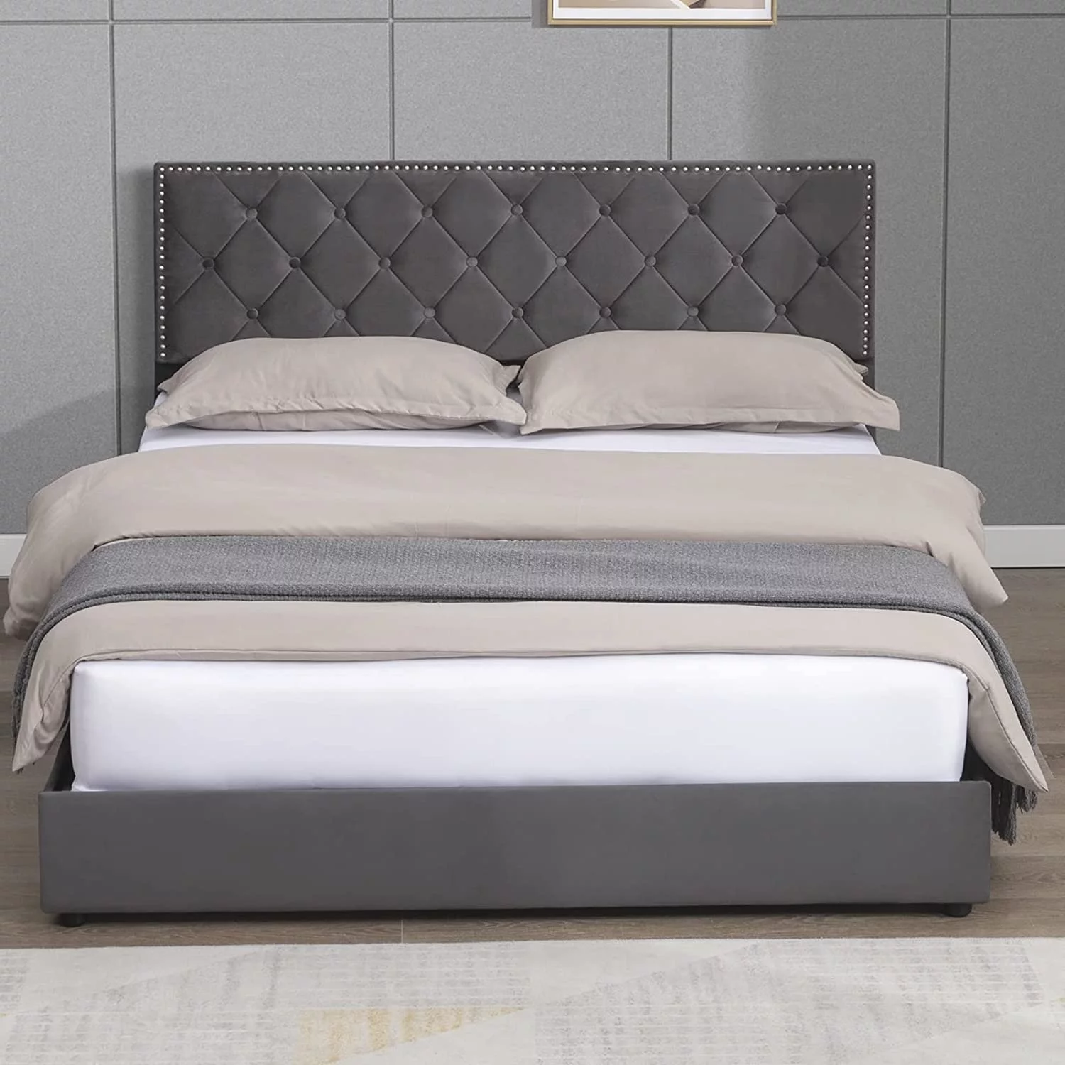 Mixoy Modern King Size Platform Bed Frame with 4 Large Drawers and Tufted Headboard, Wooden Slats Support(King,Dark Gray)